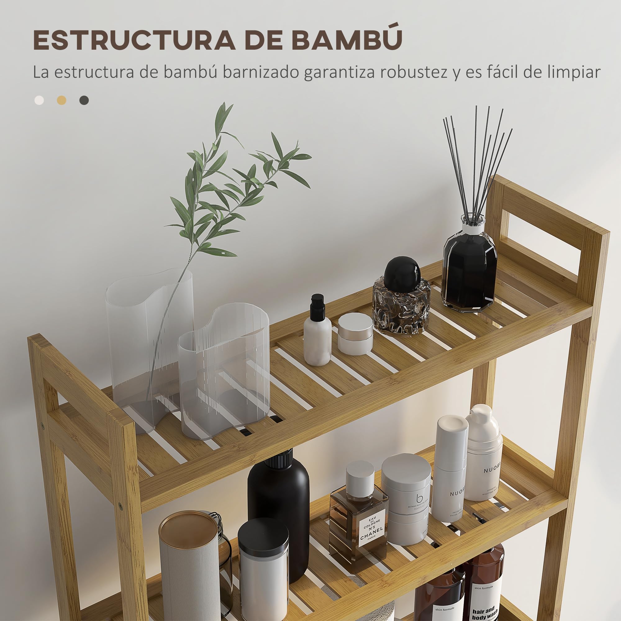 kleankin Estantería sobre Inodoro de Bambú Estantería de Baño con 3 Estantes y Alfombrillas Antideslizantes Antivuelco Estilo Moderno 68x20x165 cm Natural