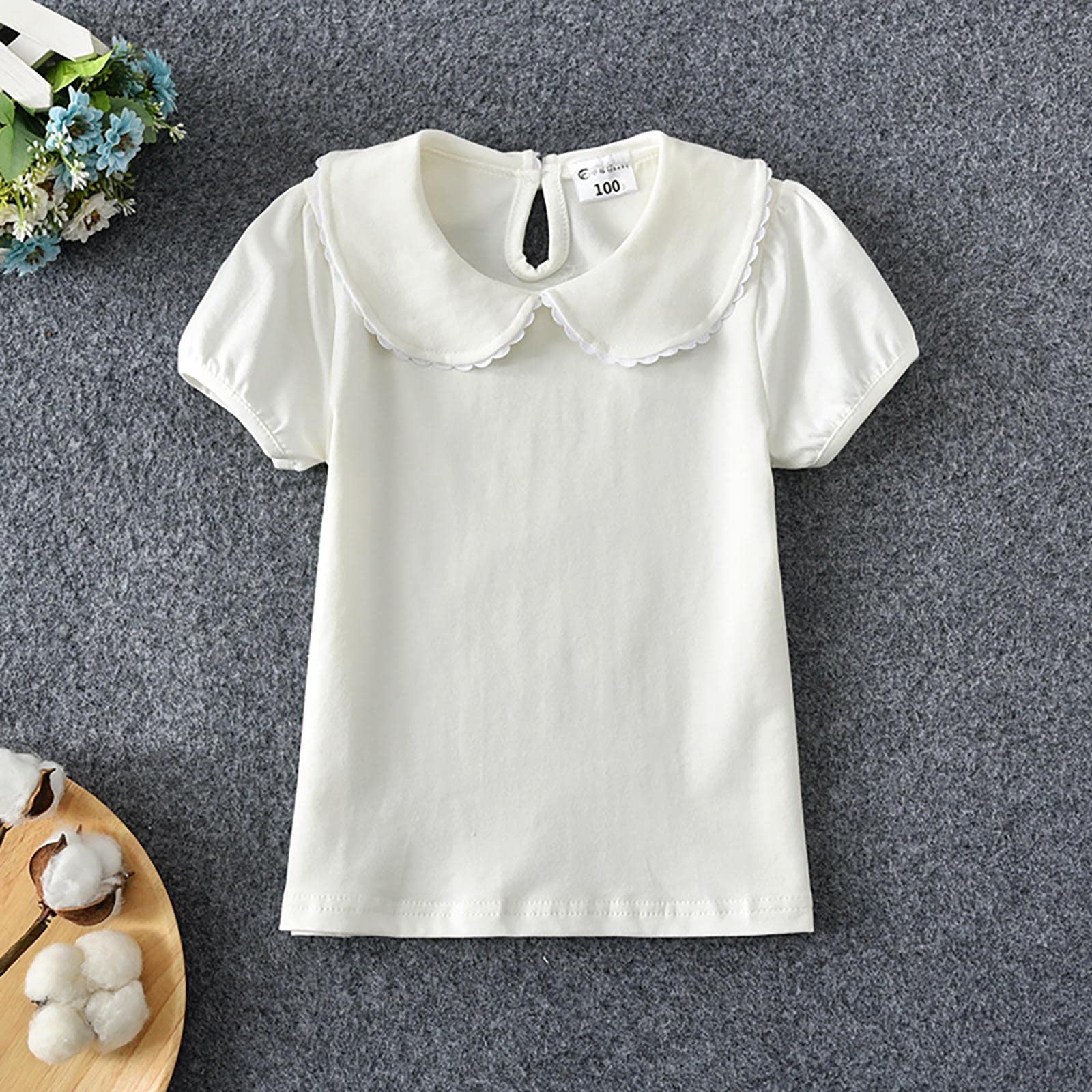 RNTOP Kids Baby Girl Short Sleeve Collar Shirt Toddler Girls Solid Color Blouse Casual Basic Tee Tops (White, 3-4 Years)