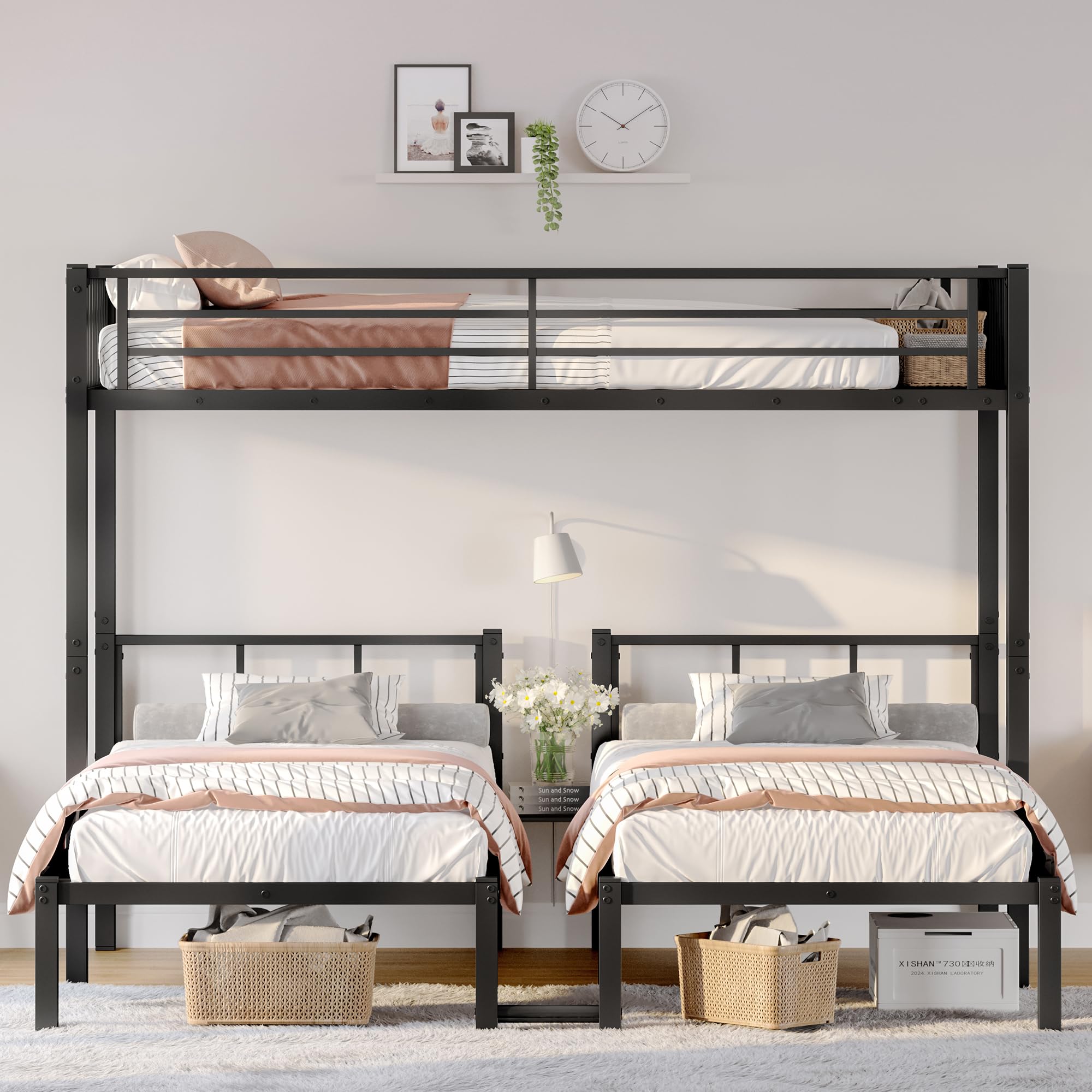 Triple Metal Bunk Bed for 3 Kids - Space-Saving L-Shaped Twin Over Twin & Twin Bed with Safety Guardrails, Converts to 3 Separate Beds, Black Finish with Ladder (Black, Twin Over Twin & Twin)