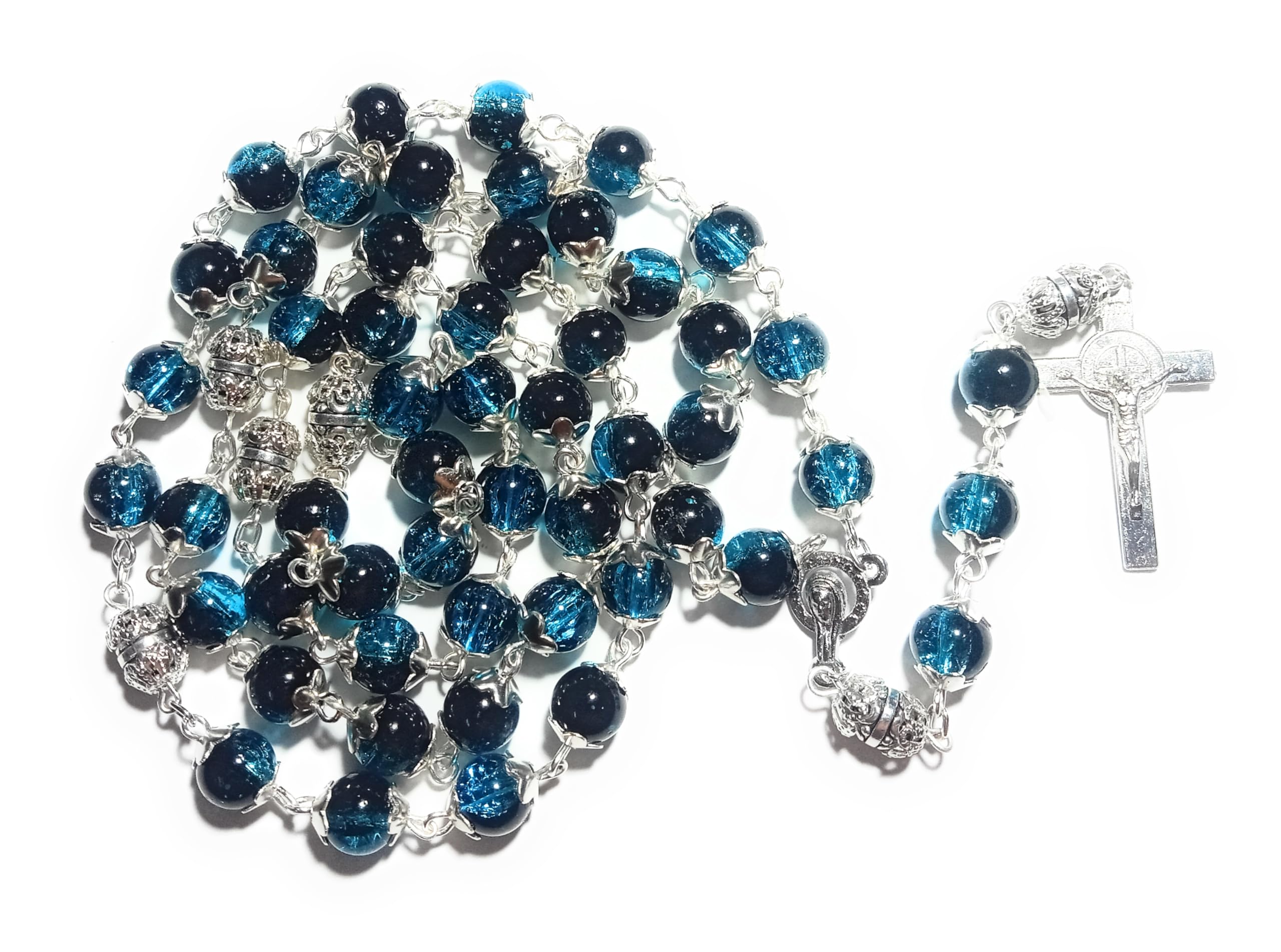 Handmade Catholic Rosary, Black and Teal glass crackle Beads with Silver-Tone Cross, Prayer Beads