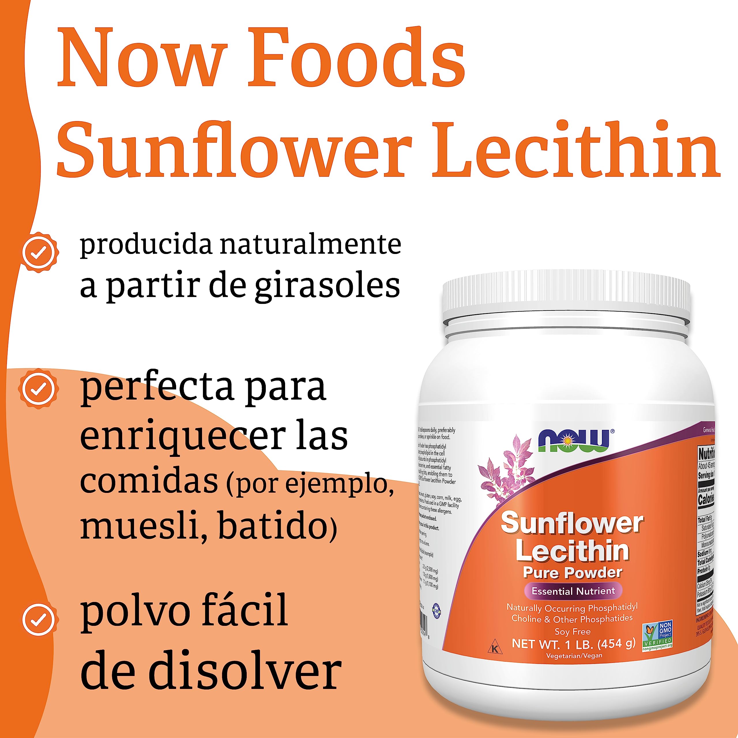 Now Foods, Sunflower Lecithin (Lecitina de Girasol), Polvo Puro Vegano, 454g, Probado en Laboratorio, Sin Gluten, Sin Soja, Vegetariano