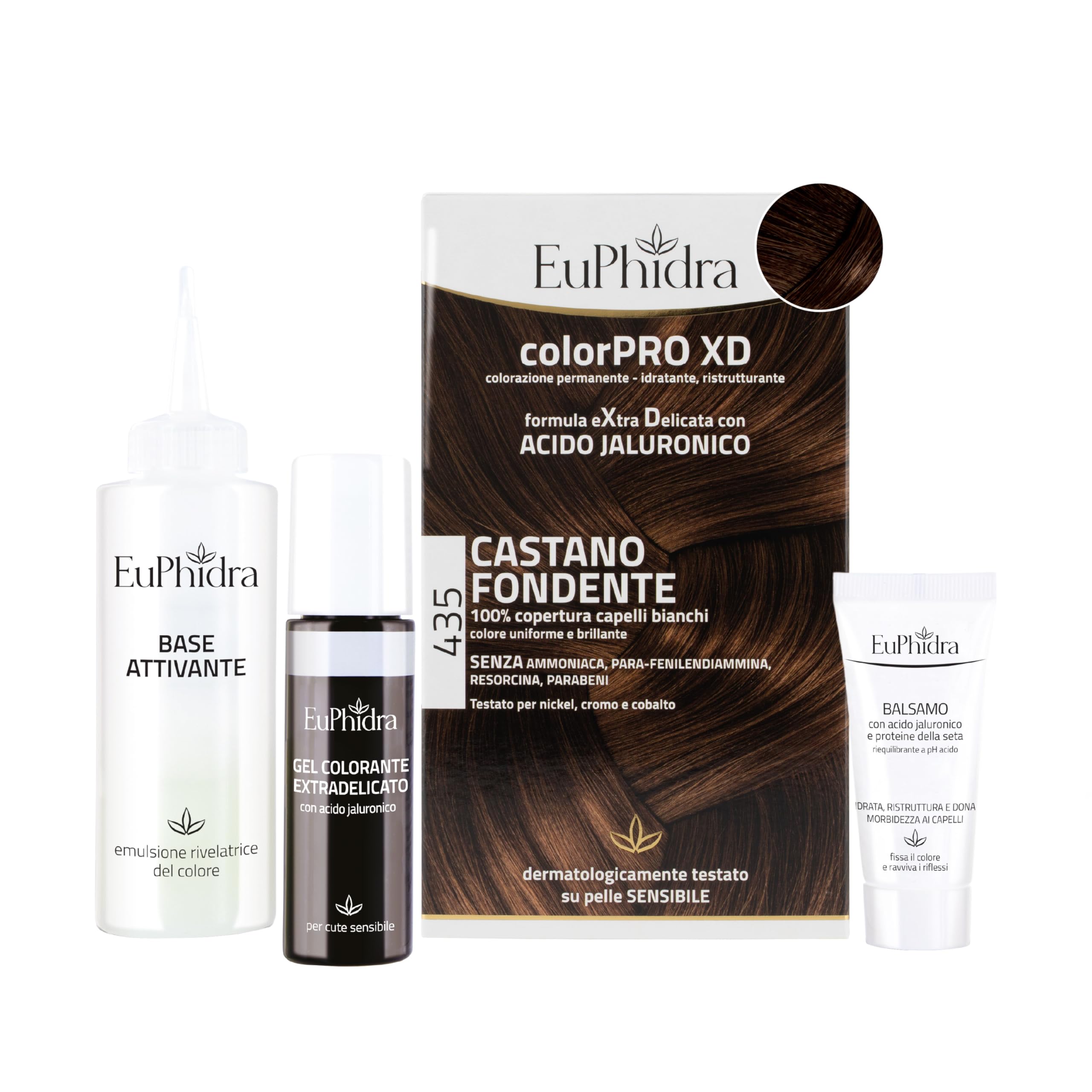 Euphidra - ColorPro XD, 435 Castano Fondente, Gel Colorante Extradelicato 50 ml + Base Attivante 50 ml + Balsamo con Acido Jaluronico 20 ml + 1 paio di guanti usa e getta e 1 cuffia