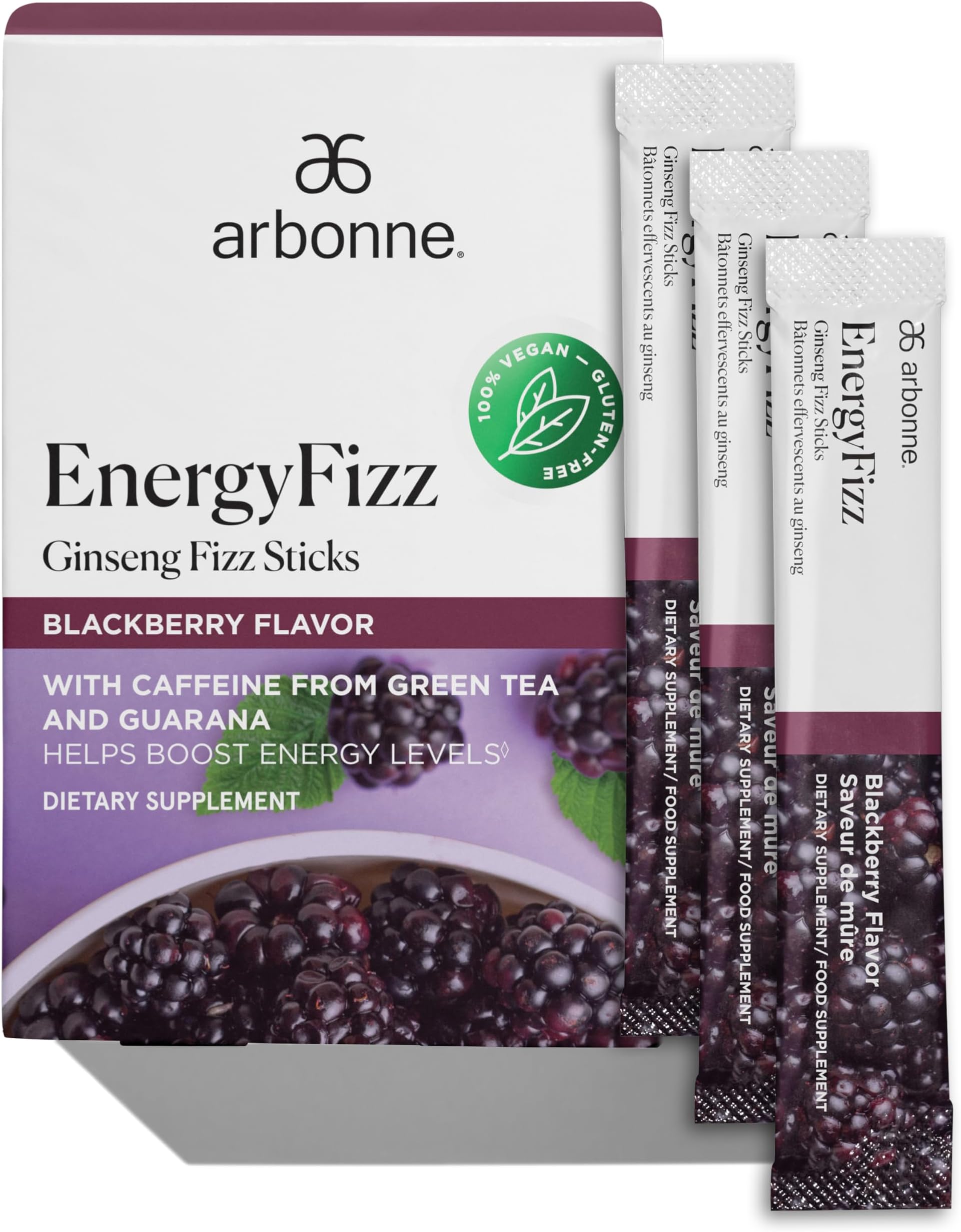 Arbonne Ginseng Energy Supplements - Blackberry Flavor Fizz Sticks, Energy Boost with Caffeine Powder from Guarana and Green Tea, Delicious Alternative to Caffeine Pills