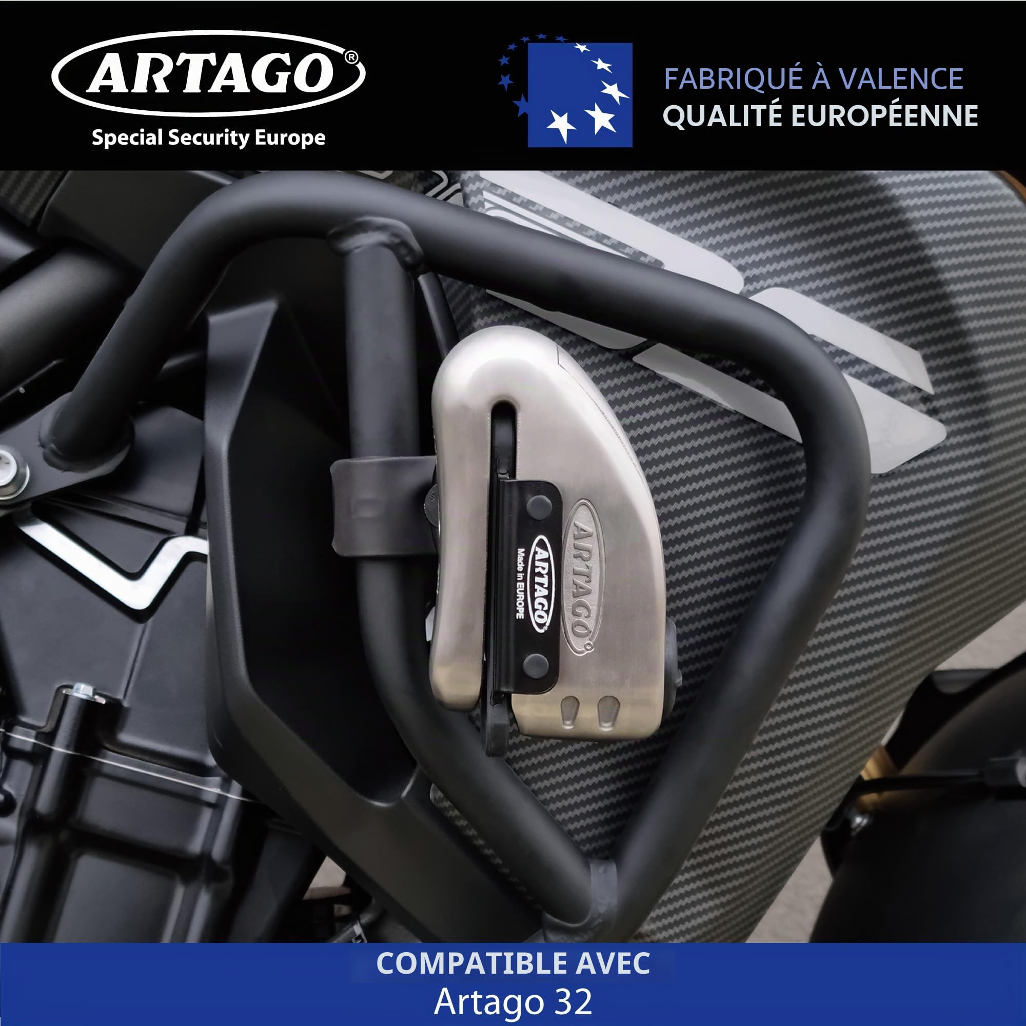 ARTAGO K202 Support de Transport pour Antivol de Disque ARTAGO 32 | Tubes de 18 à 25 mm ou Vis de Moto | Acier Noir avec Silentblocs Antivibrations | Accessoire Moto