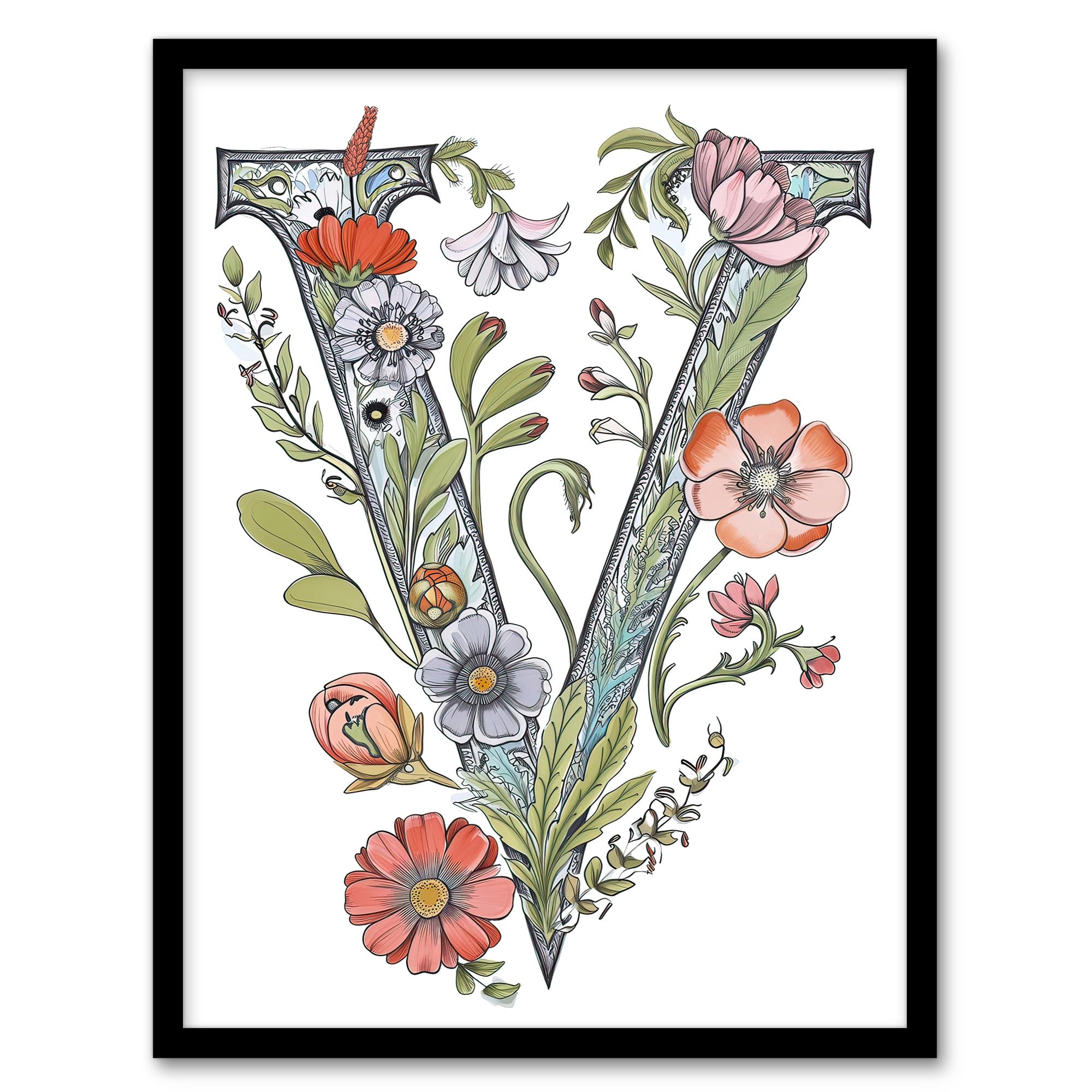 Artery8 Letter V Classic Watercolour Wildflowers Elegant Floral Word Art For Her Birthday Mum Wife Woman Friend Artwork Framed Wall Art Print A4