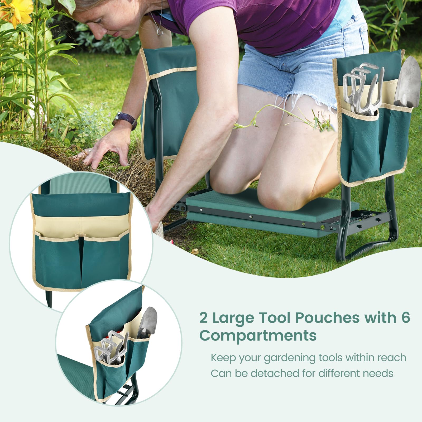 KOMFOTTEU 2 en 1 Banco de Rodilla Plegable, Taburete Arrodillado para Jardinería con Cojín Grueso, Taburete de Trabajo para Arrodillarse y Sentarse, Carga 150 kg (con 2 Bolsa de Herramientas)
