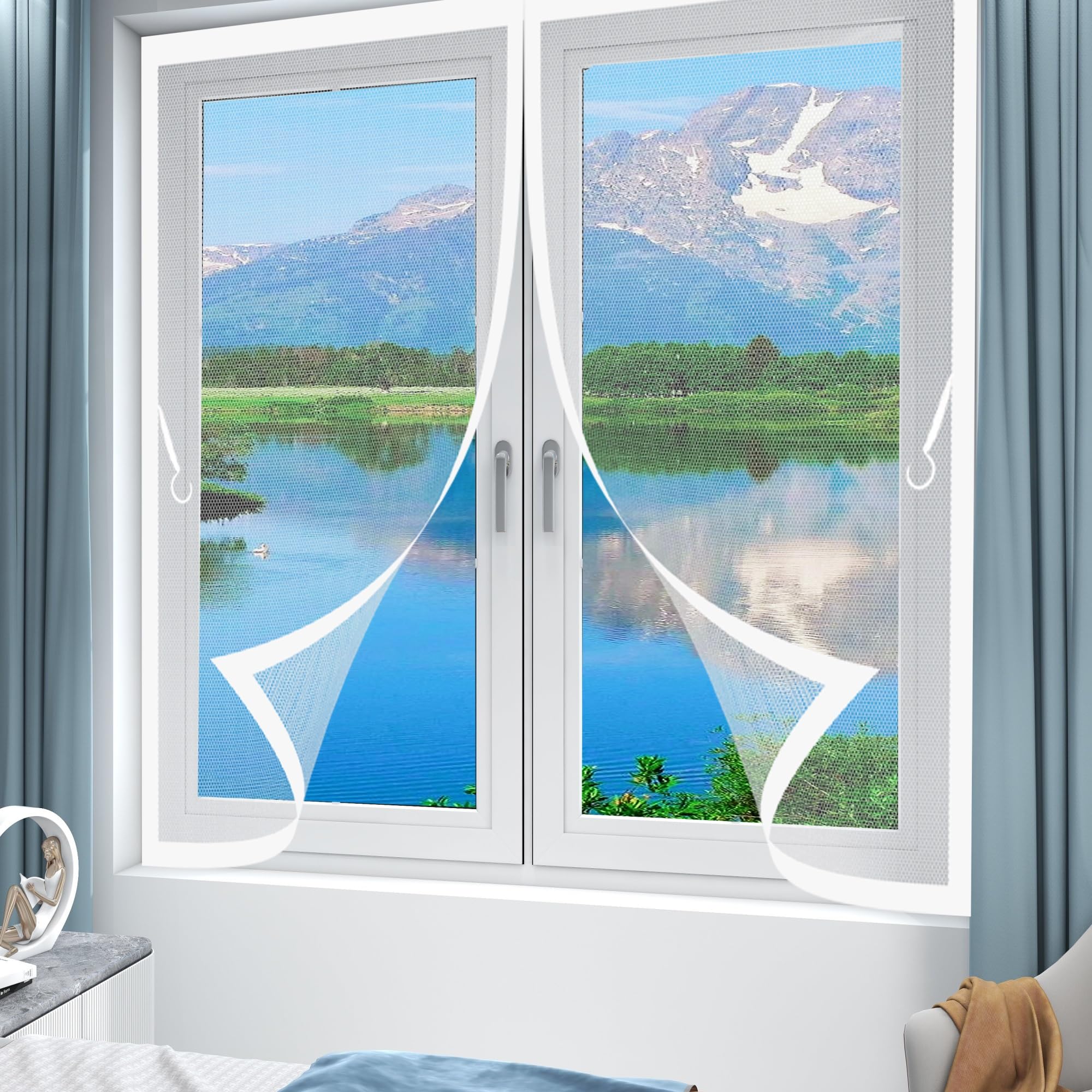 Fliegenvorhang Magnetisch 168 x 178 cm Automatisches Schließen, Klettband Oben, Nicht Kürzbar Vorhang Fliegengitter Fenster für Terrasse Schlafzimmer Usw, Weiß