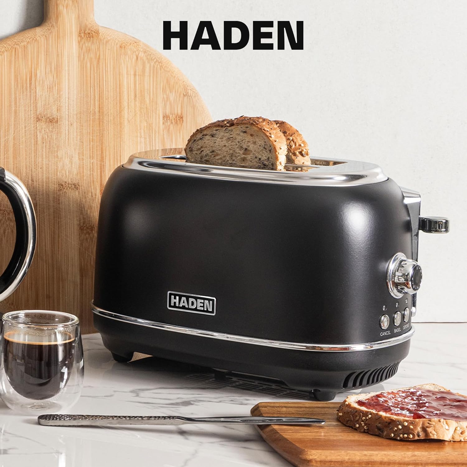 Haden Heritage 2 Slice Wide Slot Stainless Steel Toaster with Adjustable Browning Control & Non-Slip Feet, Black & Chrome