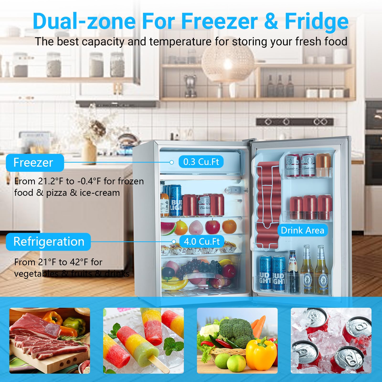 Aiiscoolla Portable Compact Fridge 4.3 Cu.Ft Mini Refrigerator With Freezer, 2 Slide Out Glass Shelves, Energy-Efficient Low Noise Single Door Fridge For Bedroom, Office, Dorm (Gray) on Fridge.com - View 5