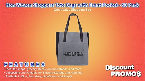 Miniatura 2 de DISCOUNT PROMOS Juego de 50 bolsas de bolsillo no tejidas para compradores, texto personalizable, logotipo, bolsillo frontal, vibrante, reciclable,