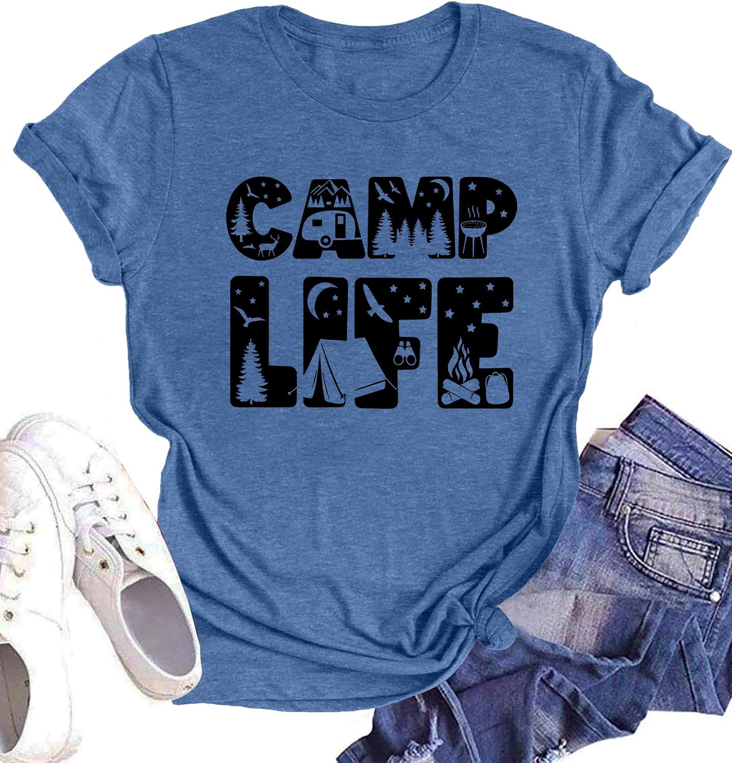 Happy Camper Shirts Womens Marshmallow Graphic Shirts Camping Casual Summer Tee Tops