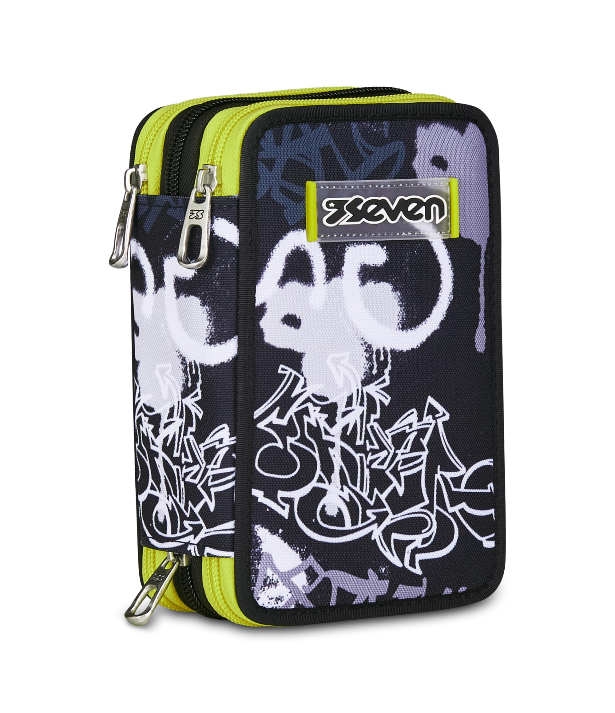Seven Astuccio Scuola Elementare, 3 scomparti, Medie, con Matite, Pennarelli, Penne, 3 Zip, Write Scratch, Bambino, Ragazzo, nero/giallo