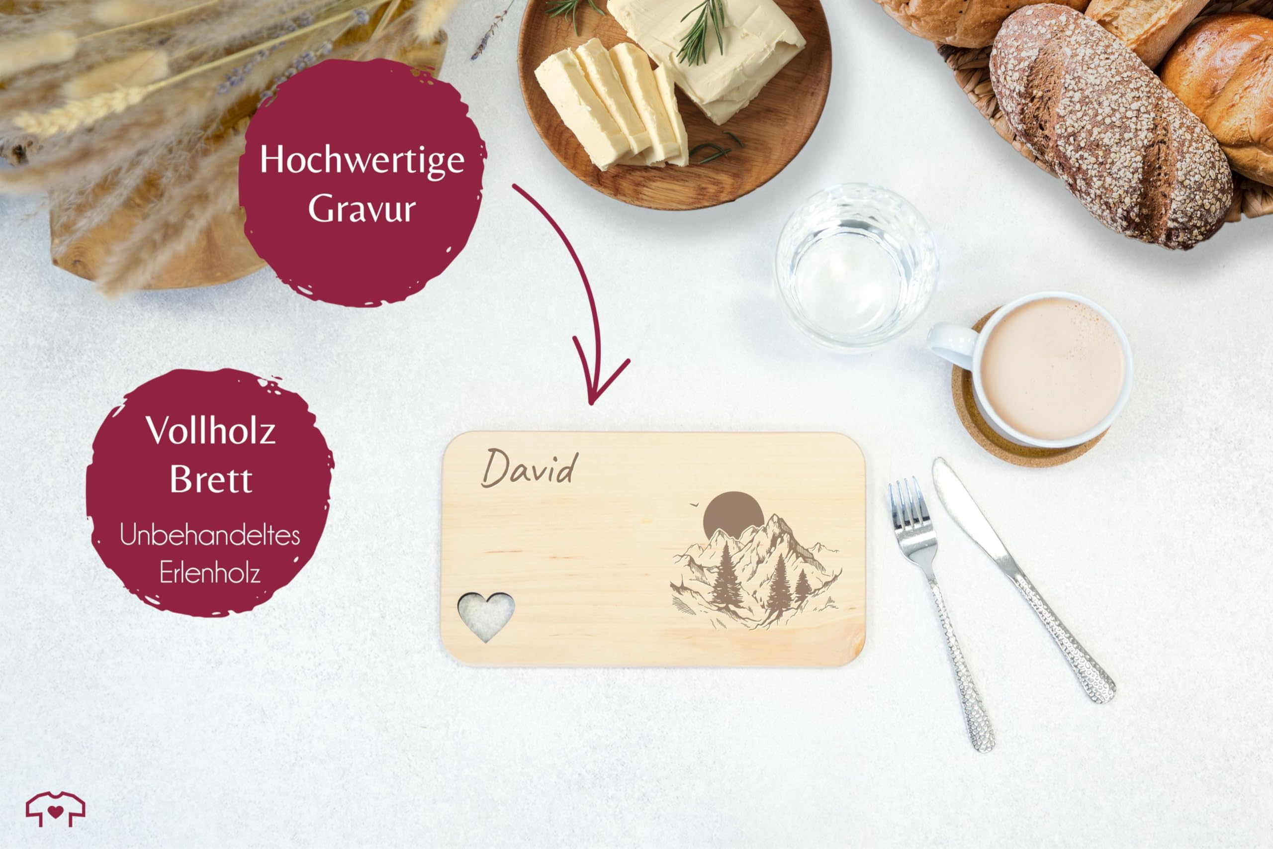 Frühstücksbrettchen Holz Herz - Wandern - Brotzeitbrett Bergwanderer Geschenk Wanderer I Berge I Klettern I Bergkette Name - 22,5x12,5 - Holz - personalisierte geschenke vesperbrett berg hike
