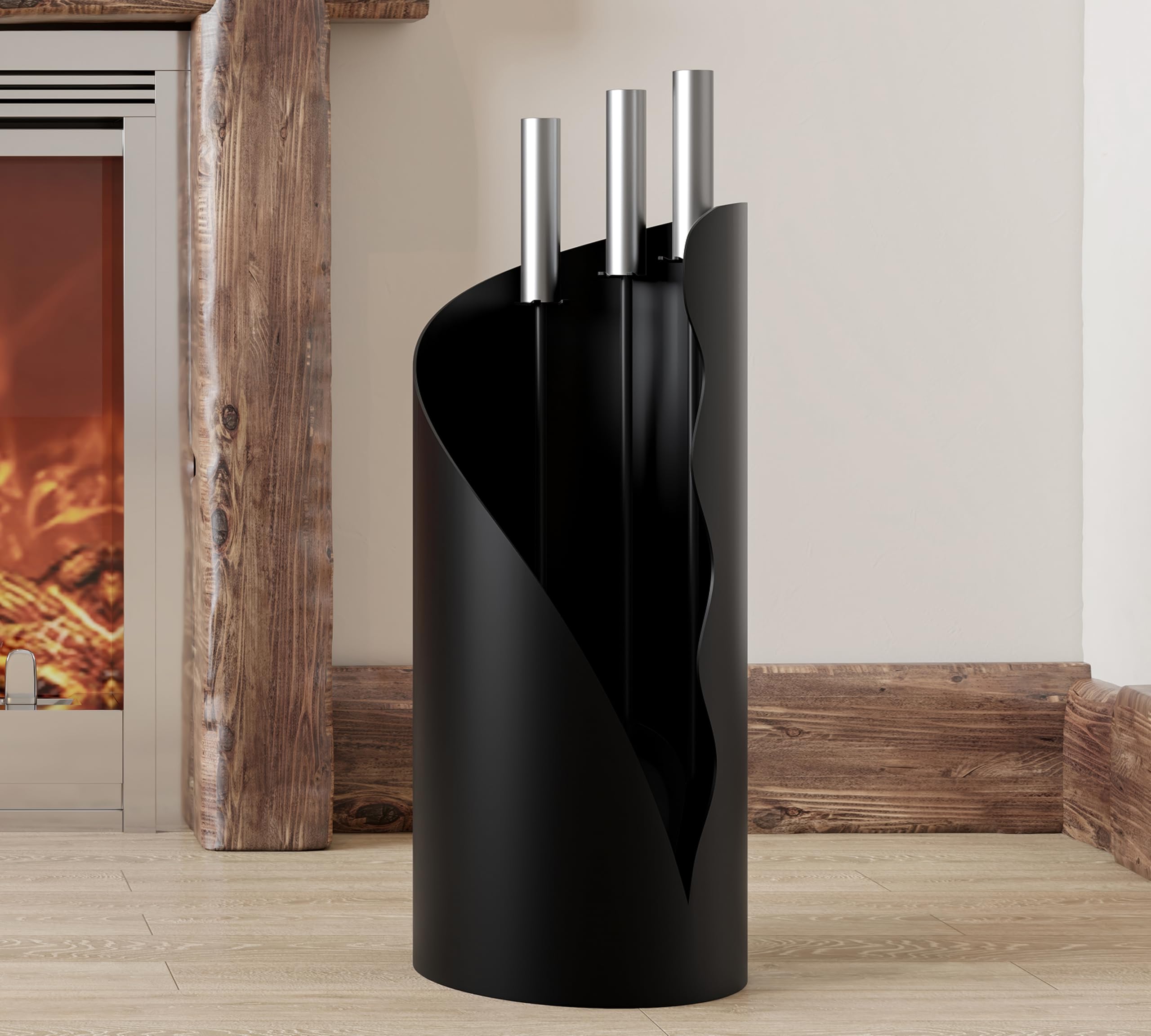 Kingson Juego de utensilios para chimenea de 3 piezas – Juego moderno de herramientas para chimenea con cepillo, pala y atizador – Soporte de pie redondo – 52,5 cm de altura – Mango de acero