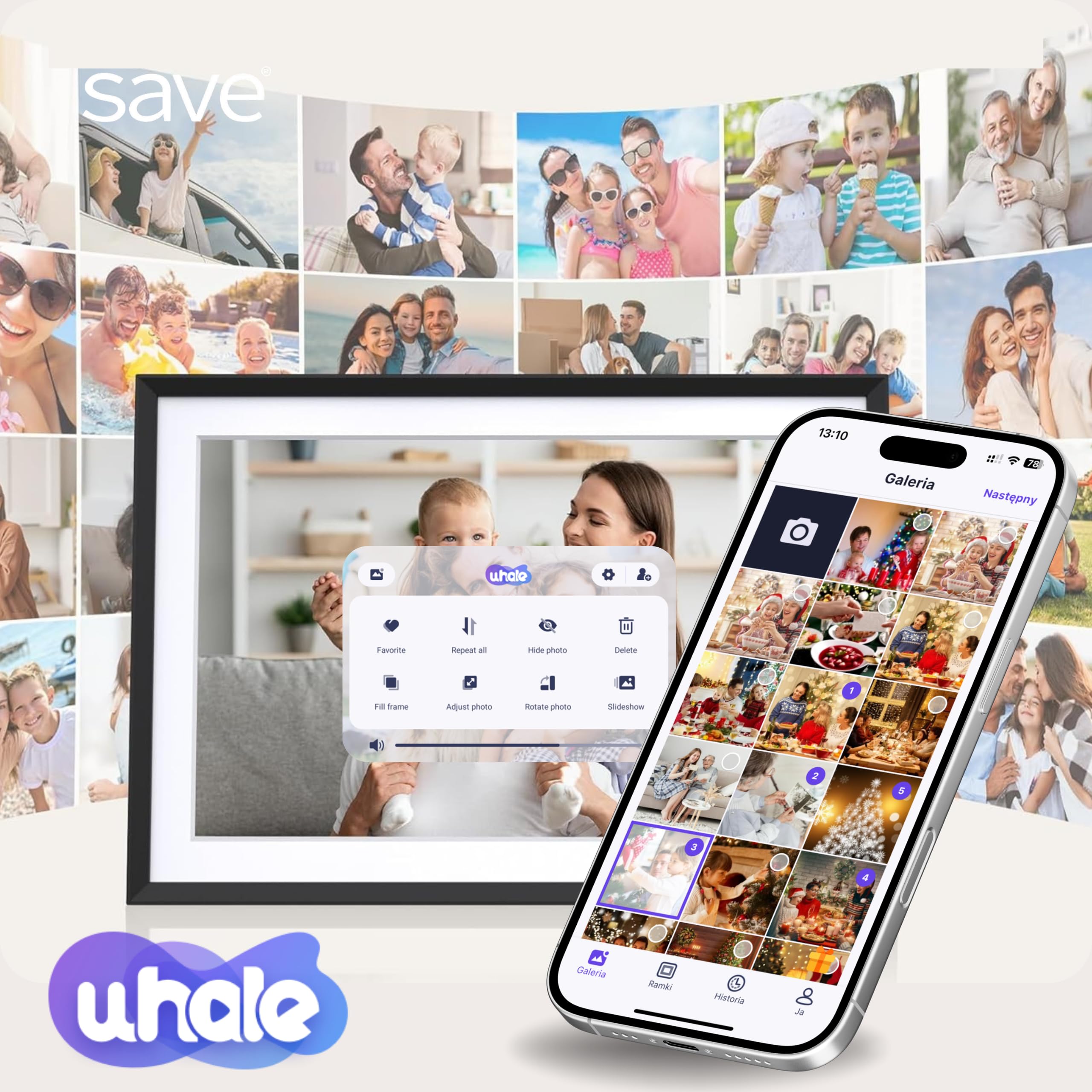 Cyfrowa ramka na zdjęcia Wi-Fi 10,1", ekran dotykowy HD IPS, dotykowy ekran, elektroniczna ramka na zdjęcia z pamięcią 16GB, automatyczne obracanie zdjęć, udostępnianie zdjęć filmów w dowolnym miejscu