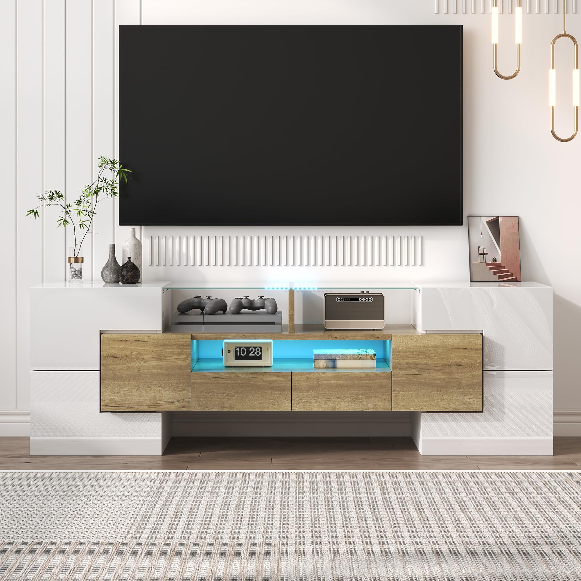 Elegante gabinete de TV, lowboard, color blanco brillante, 145 cm, iluminación LED, muebles de sala de estar. Diseño moderno. Elegante superficie de cristal (color madera + blanco)