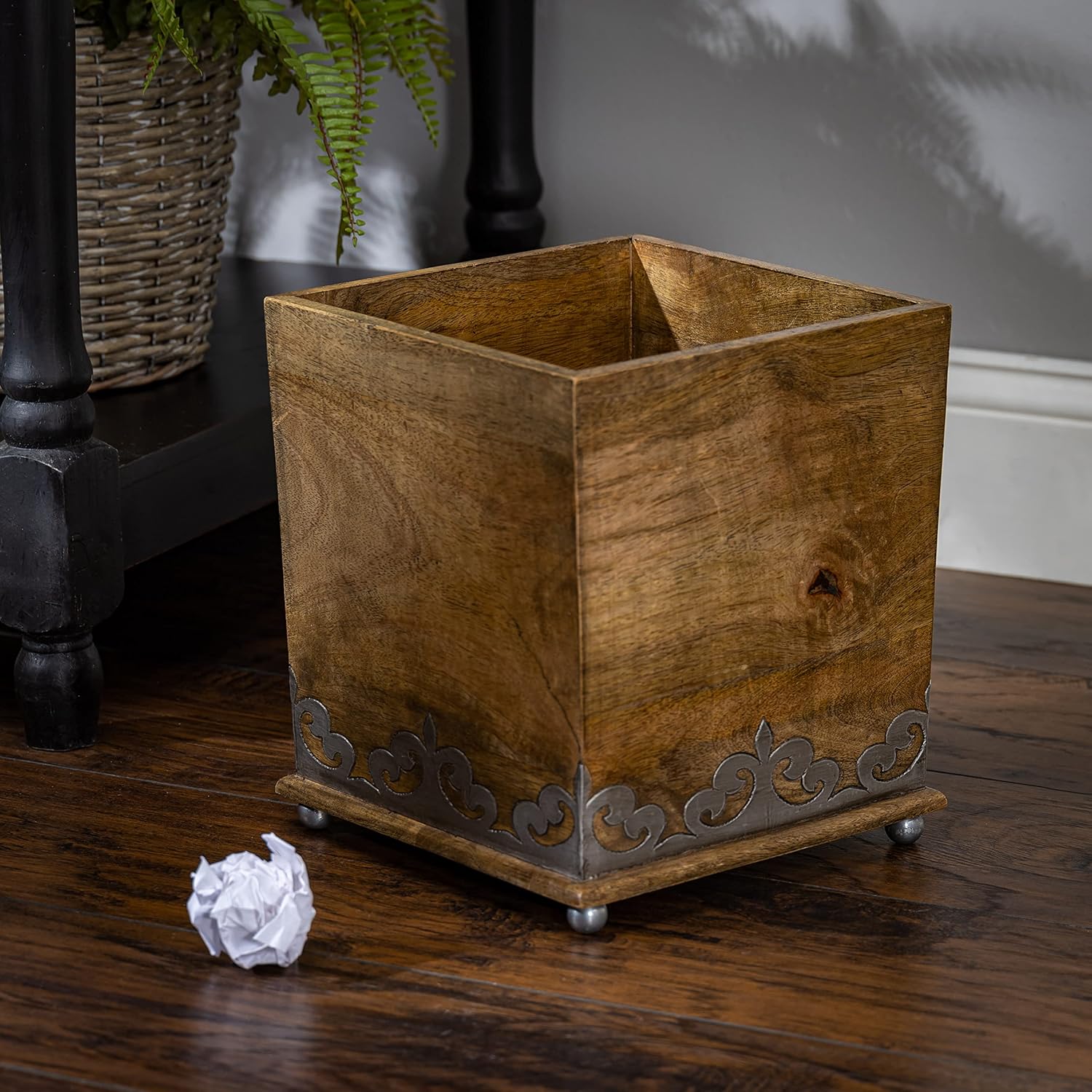 Wood and Metal 8.5-Inch Square Heritage Collection Footed Wastebasket