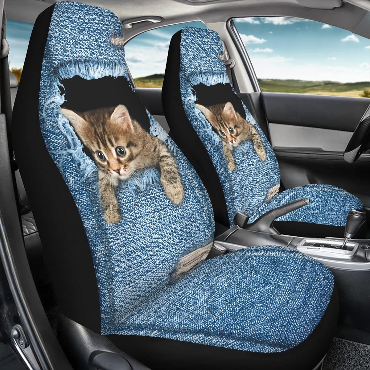 chaqlin Set completo di 2 coprisedili per auto universali in denim con stampa gatto 3D per uomo e donna, resistenti e antiscivolo