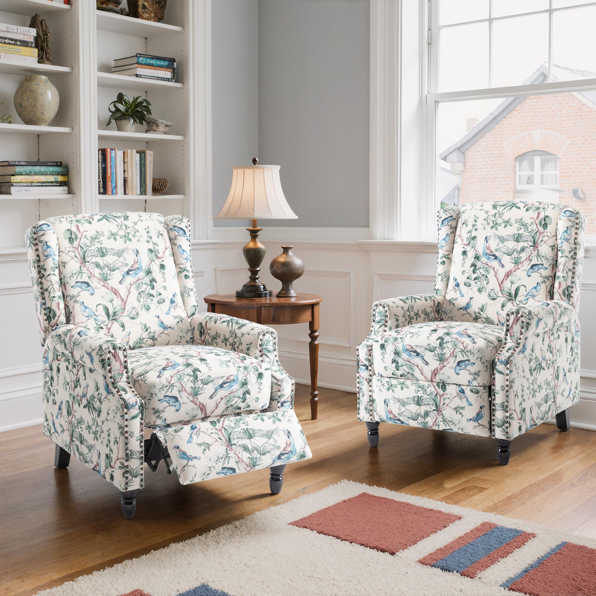 Set of 2 Floral Pushback Recliner Chairs, Fabric Upholstered Rivet Trim Accent Club Chairs for Living Room, Home Theater- Colorful Birds