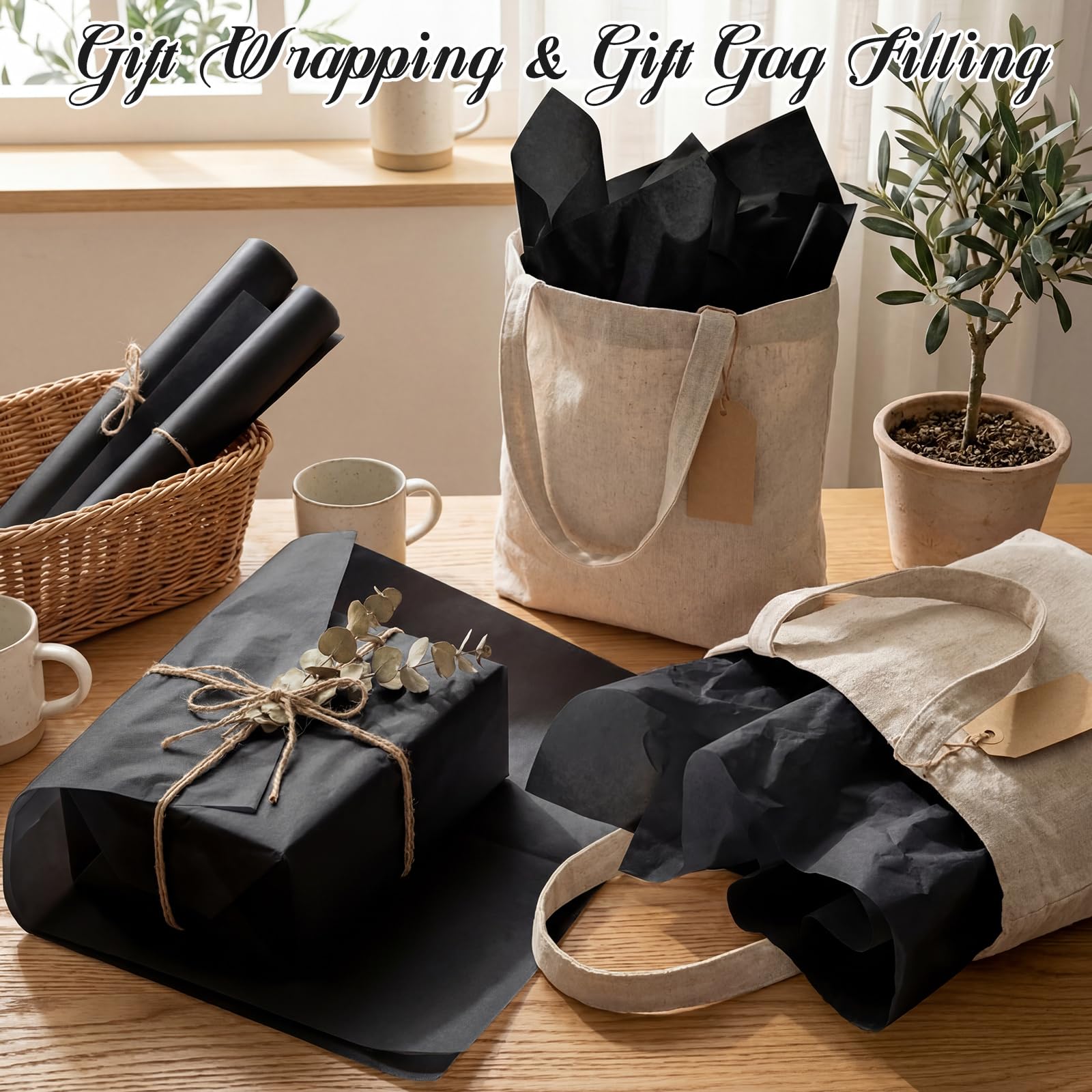 Qilery 500 fogli di carta velina nera per sacchetti regalo, 50 x 76 cm, senza acidi, per decorazioni di nozze, artigianato fai da te, imballaggi per traslochi, feste di nozze