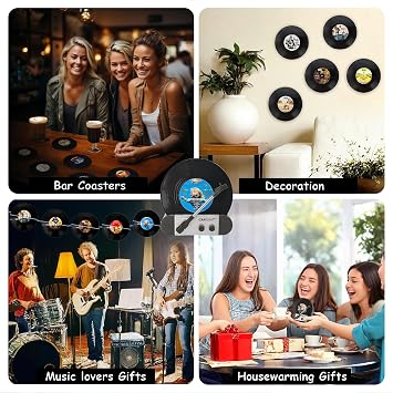 Funny Retro Vinyl Record Coasters, Creative Drink Coasters Set of 12 with Vinyl Record Player Holder for Music Lovers, Housewarming Hostess Gifts, Birthday and White Elephant Gifts Ideas