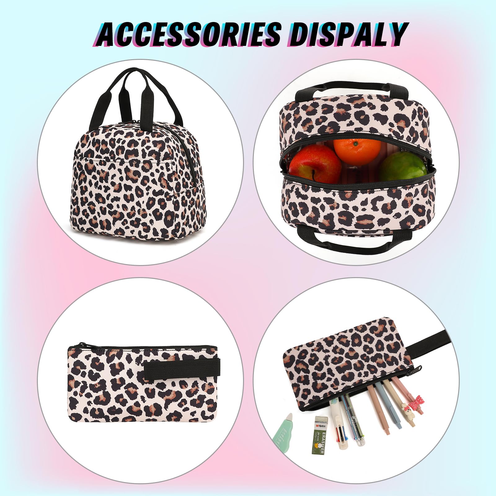 Schulrucksack für Mädchen, 3-teiliges Set, Grundschul-Büchertaschen mit Lunchbox, Federmäppchen, Leopard, Medium, Modern