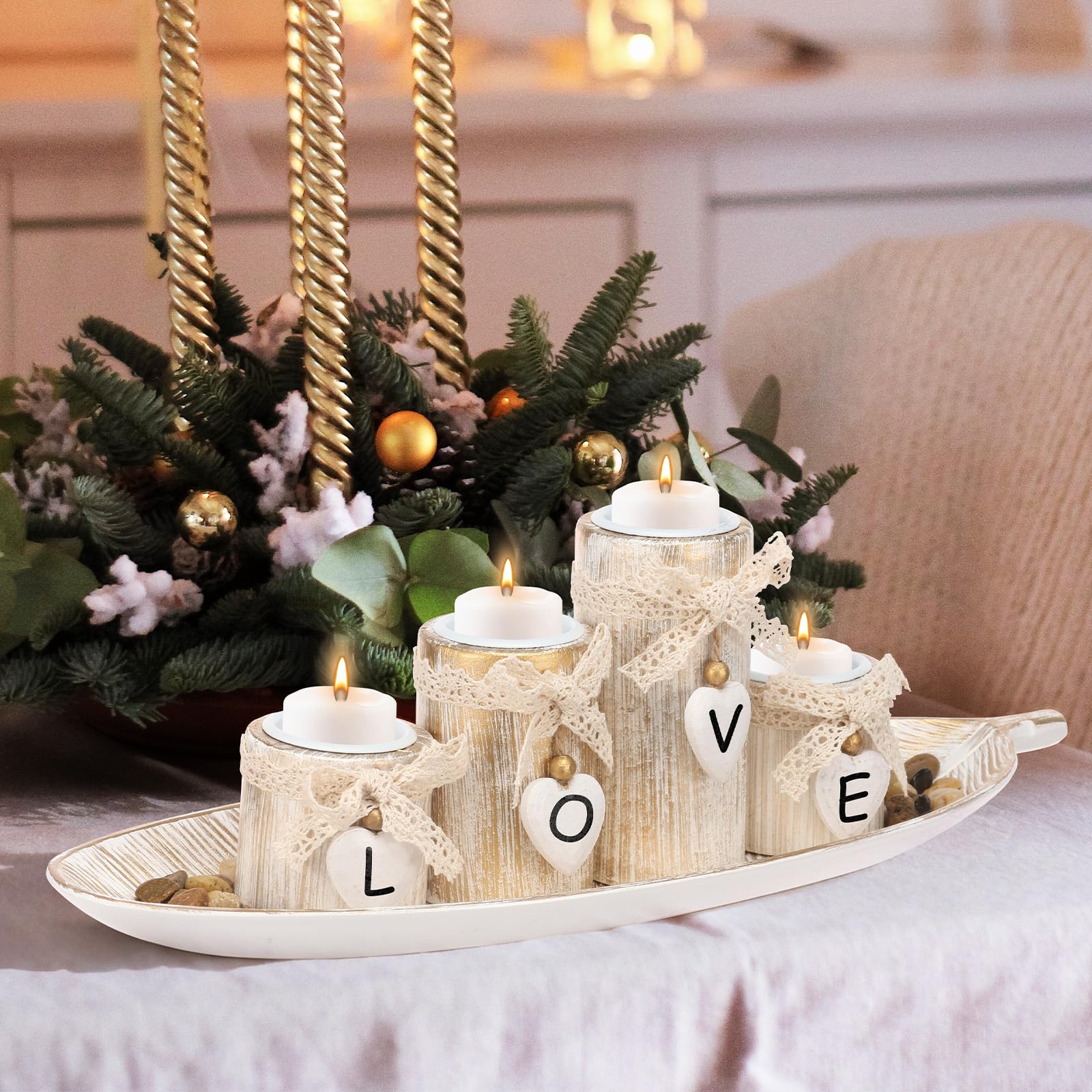 Rhaiqbvc White Tealight Candle Holder With Tray And Decorative Pebble, 4Pcs Wooden Candlestick Set For Wedding Dining Table Centrepiece Decor Housewarming