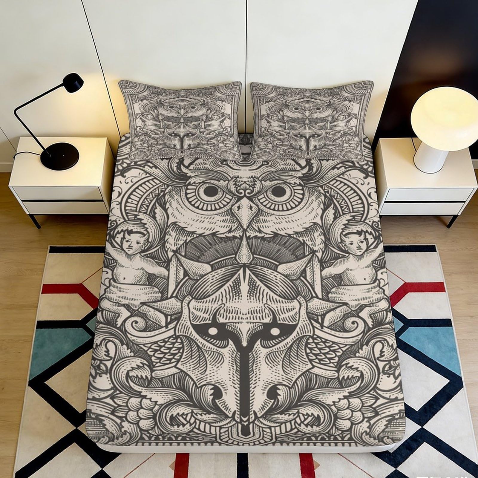 3D Printed Owl Mandala Fitted Sheet Microfiber Soft Artistic Tattoo Skull Mattress Cover for Bedroom Dorm Mattress Decor, Anti-Slip, Machine Washable 180x200x25cm