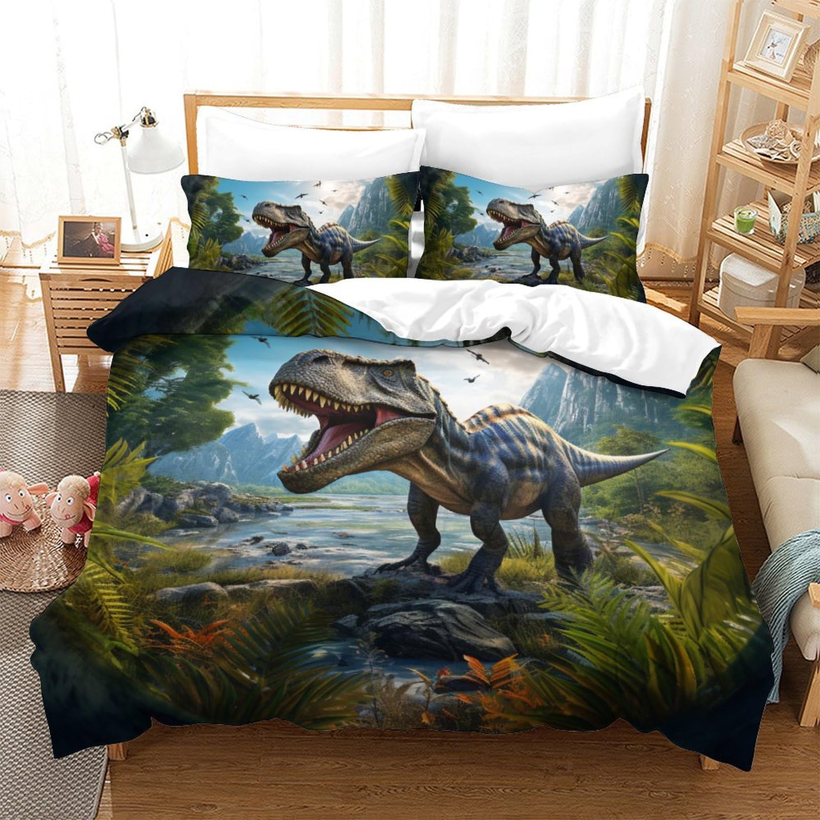GXYUAOIEF Dinosaur 3D Printed Quilt Cover 3 Pieces Bed Duvet Set Soft Easy Care with Zipper Closure，Pillowcases for Teens And Adults Double（200x200cm）
