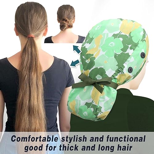 Miniatura 84 de ABAMERICA Gorras quirúrgicas para mujer, gorro de enfermera, soporte funcional para cola de caballo para cabello largo, individual o forrado