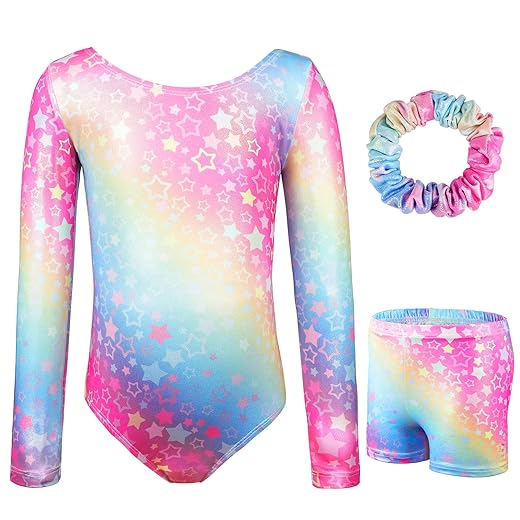 Ensemble Gymnastique, 3PCS Justaucorps Gymnastique Enfant Brillant Couleur Dégradée avec Short et Bandeau, Costume Patinage Artistique Danse Ballet, Tenue de Spectacle Danse Latine Fille 5-8 Ans