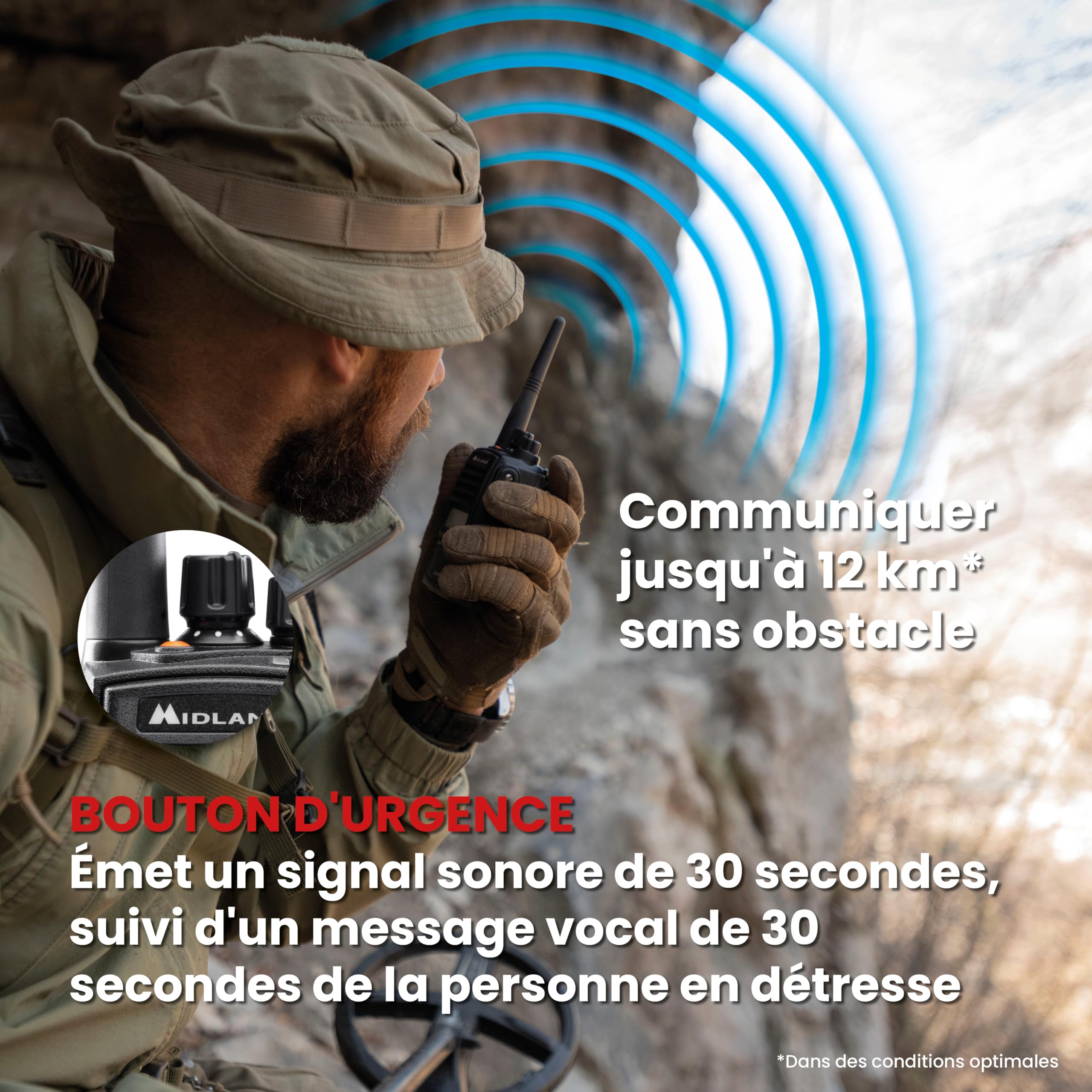 Midland G18 Pro Noise Cancelling C1145.04 - Talkie-Walkie Longue Portée 12Km, 99 Canaux PMR446, Étanche IP67, Autonomie 22H, Fonction Réduction de Bruit, Brouilleur Scrambler et Compander