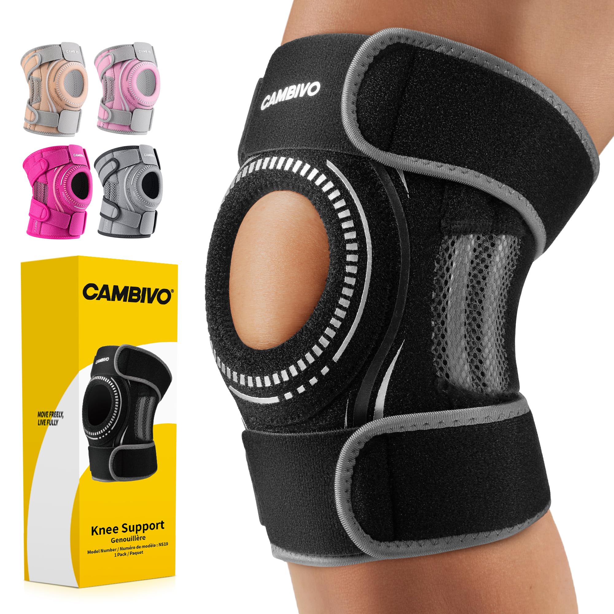 CAMBIVO ELITE Knee Brace for Women & Men with Side Stabilizers, Patella Gel Pads Brace for Meniscus Tear for Maximum Knee Pain Support (Black,