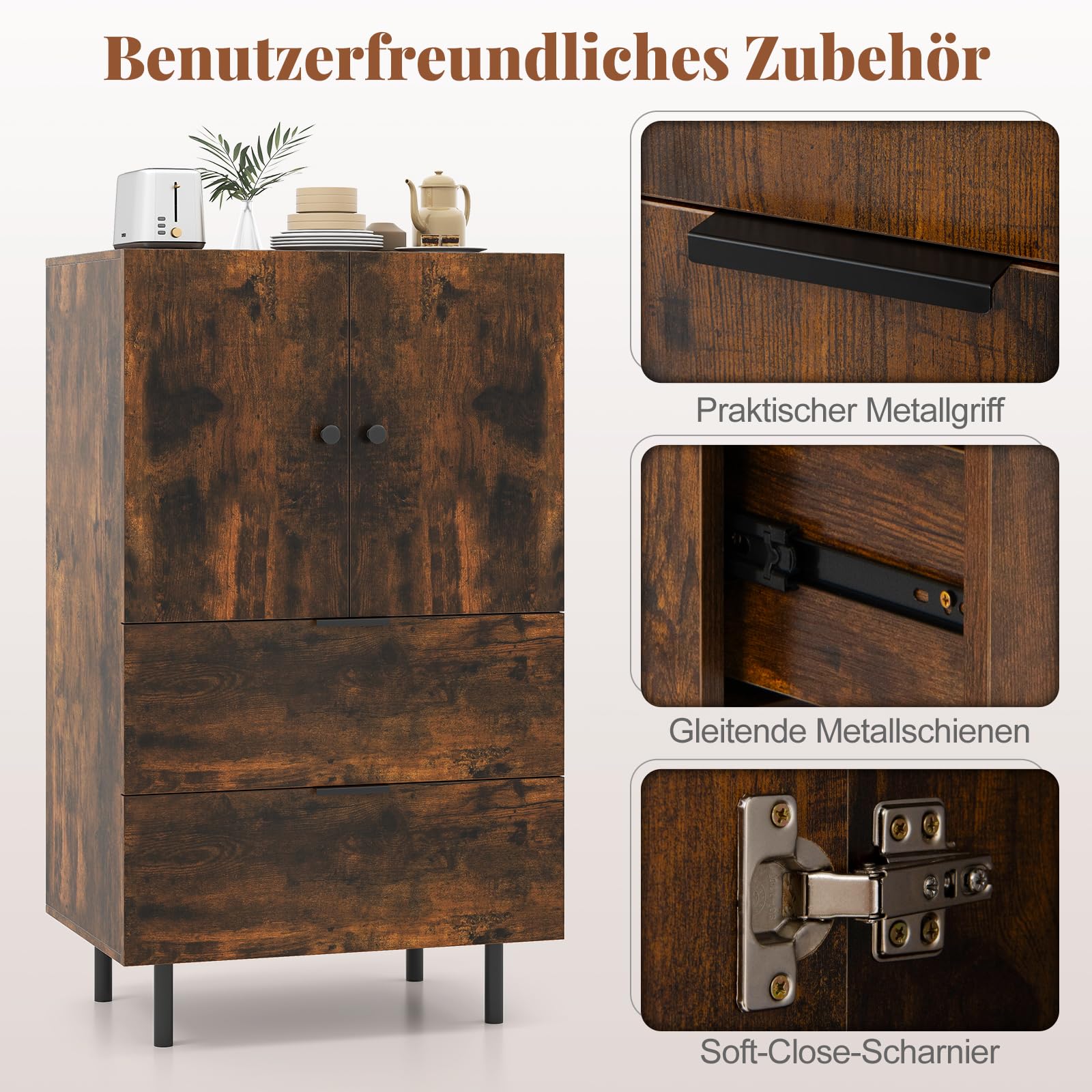 COSTWAY Kredens drewniany z metalowymi nogami, szafka bufetowa, szafka do serwowania z szufladami i drzwiami, szafka do przechowywania do salonu, jadalni, kuchni, 60 x 41,5 x 102 cm (kawowy)