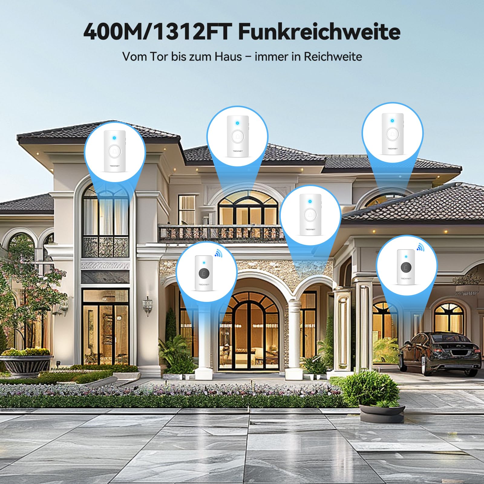 TECKNET Funkklingel, Batteriebetriebene Türklingel mit 4 Empfängern & 2 Sendern, Haustür Klingel Set 400 m Reichweite, IP67 Funkklingel Aussen Wasserdicht, 5 Lautstärkestufen und 60 Melodien, Weiß