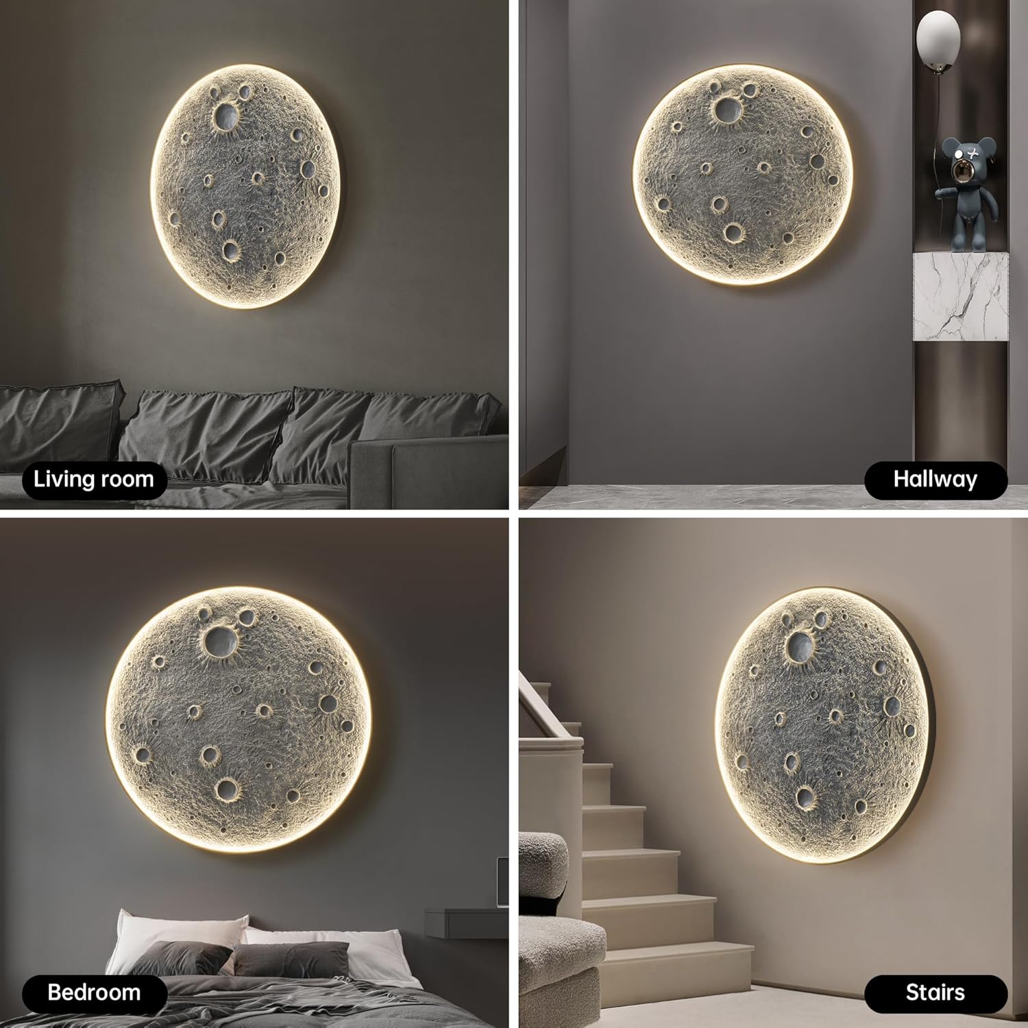 Large Dimmable Moon Wall Light with Remote Control Plug-in, Round Wall Lamp Indoor Wallmounted Ceiling Light Fixture for Living Room Hallway Bars Cafes (48" Dia.)