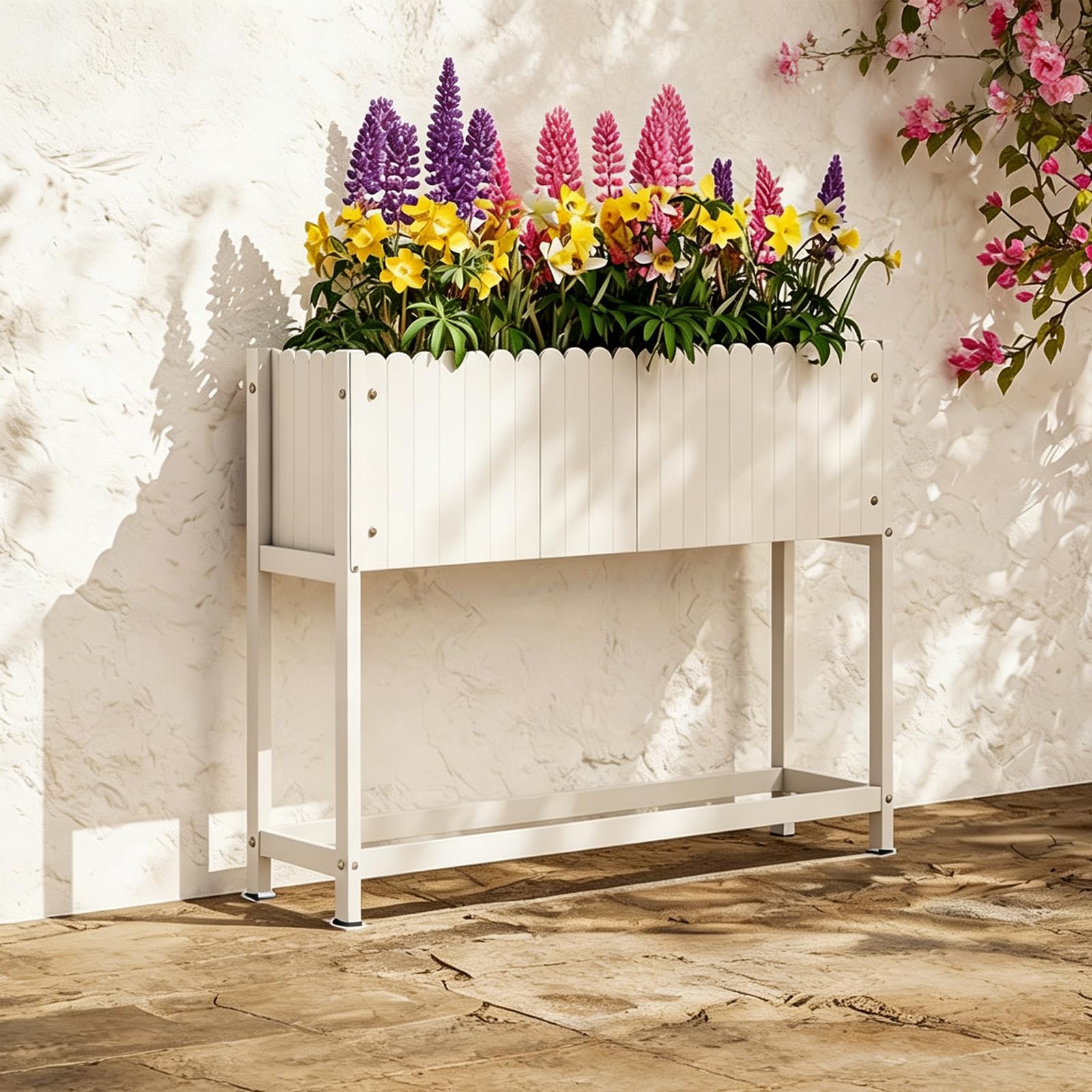 Huerto Urbano Madera para Jardín Y Terraza, Jardinera Elevada con Patas Y Marco Reforzado, Bancal Alto para Verduras, Hierbas, Flores, Balcón Y Porche,Blanca,106 * 30 * 86cm