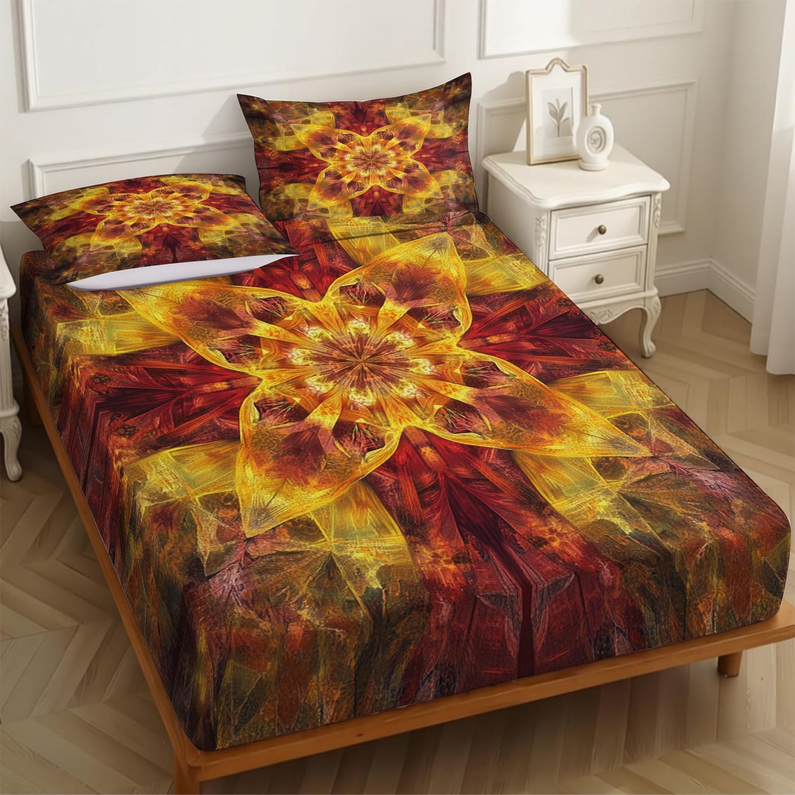 Lenzuolo con Angoli 180 x 200 cm Microfibra Caleidoscopio astratto Lenzuolo Sotto Elasticizzato Profondo 25 cm giallo per Singolo e Matrimoniale