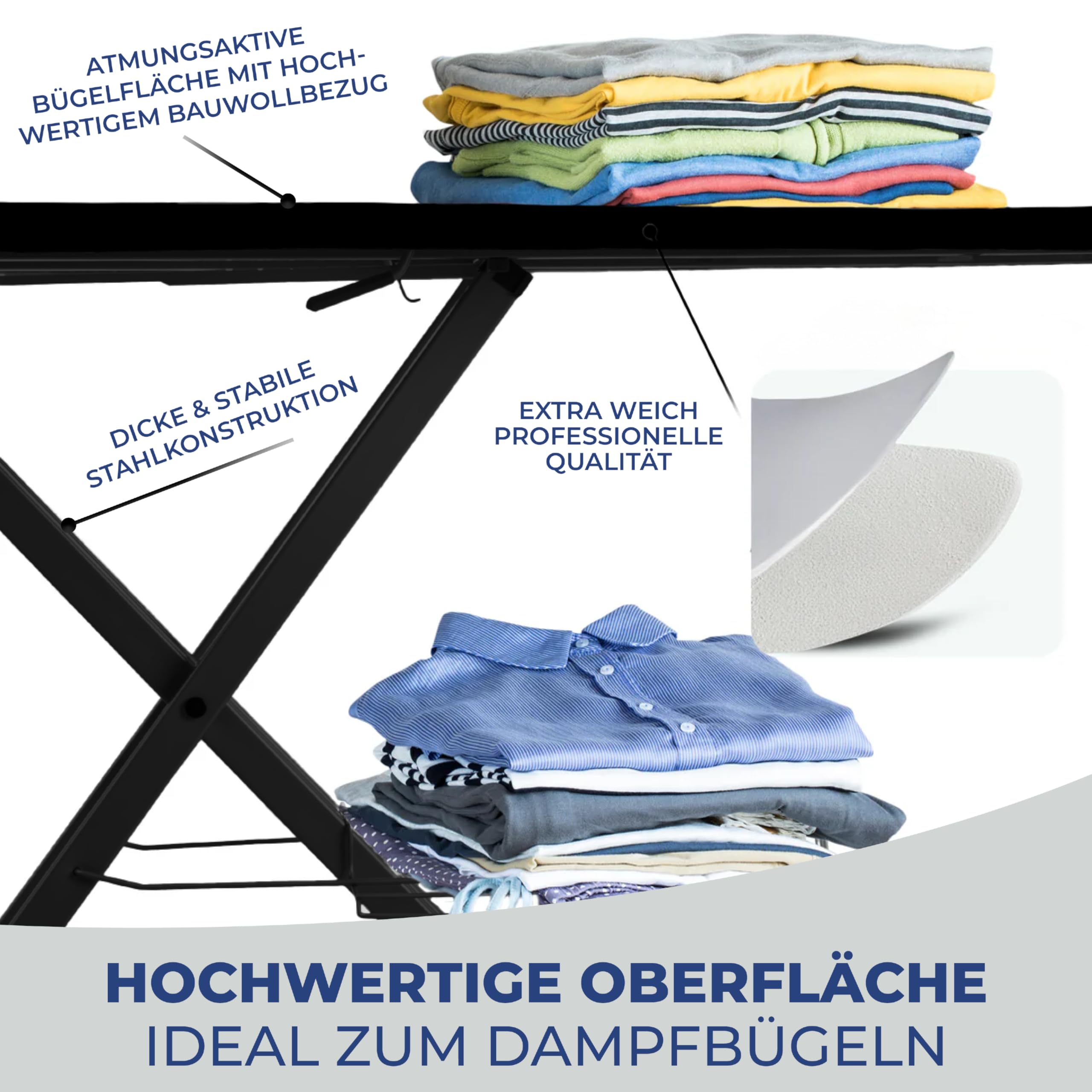 NUR FÜR Kurze Zeit! STAHLMANN ® großes Bügelbrett [120x38 Bügelfläche] mit Kleidungsplatte – robuster Bügeltisch – extra stabiles Bügelbrett [Made IN EU] – Tischbügelbrett