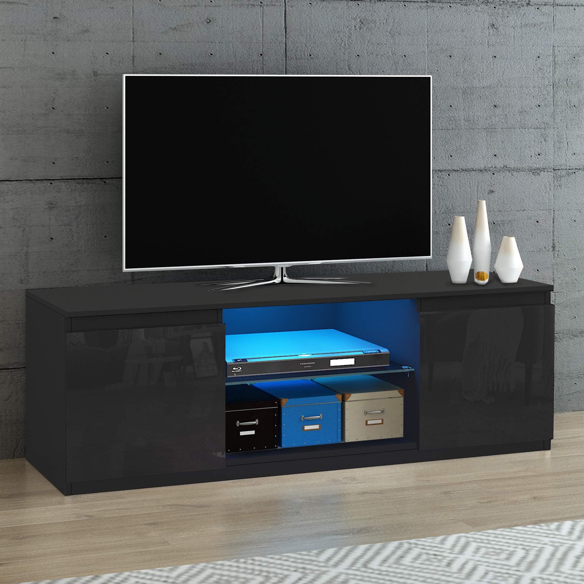 Panana LED TV Unit Stand Cabinet for 55 Inch TV, Modern High Gloss Front TV Cabinet with RGB LED Lights, 2 Door Storage Sideboard for Living Room (Black) โ image 1
