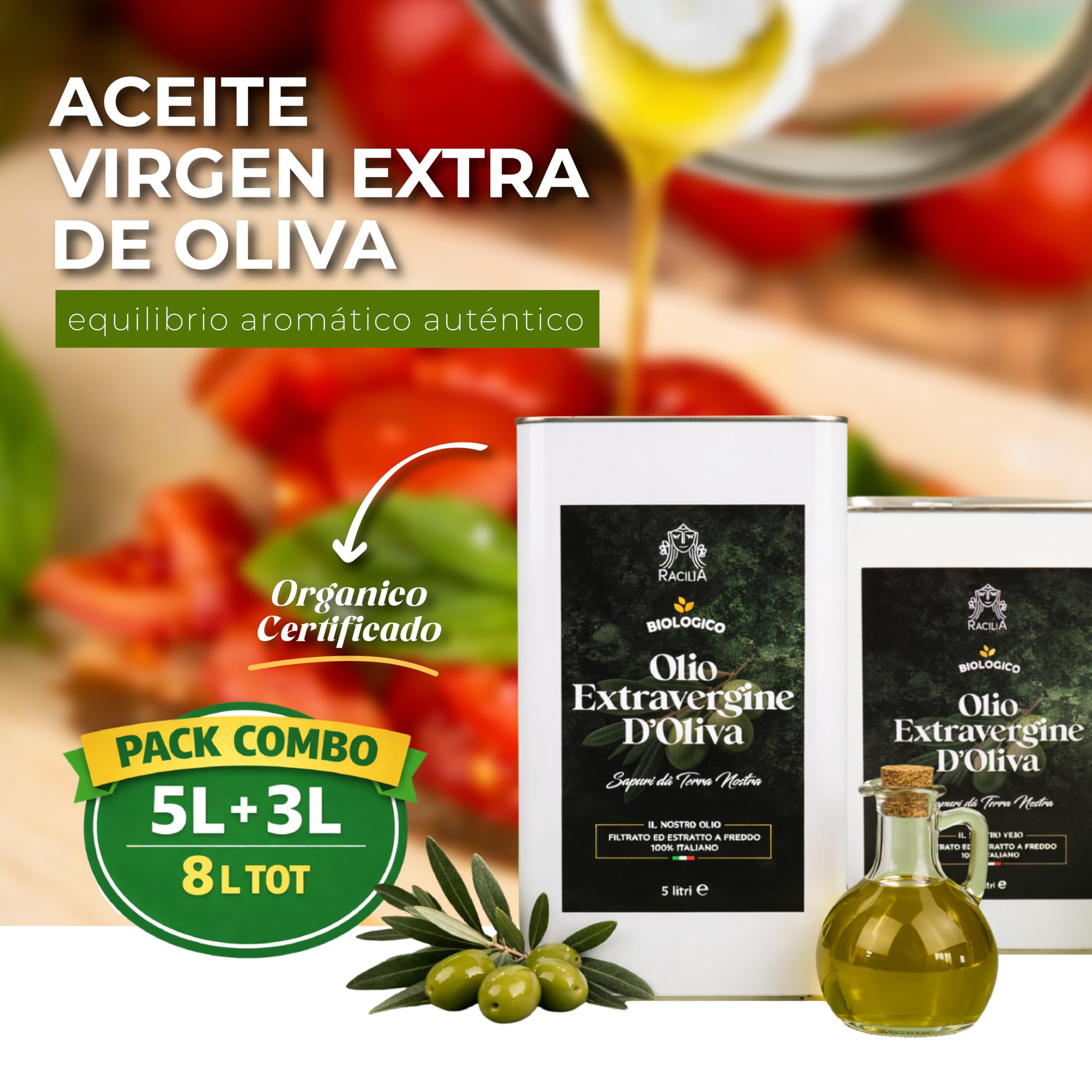 RACILIA Aceite de Oliva Virgen Extra Ecológico - Aceite AOVE Bio 100% Italiano, Prensado en Frío - 8 Litros