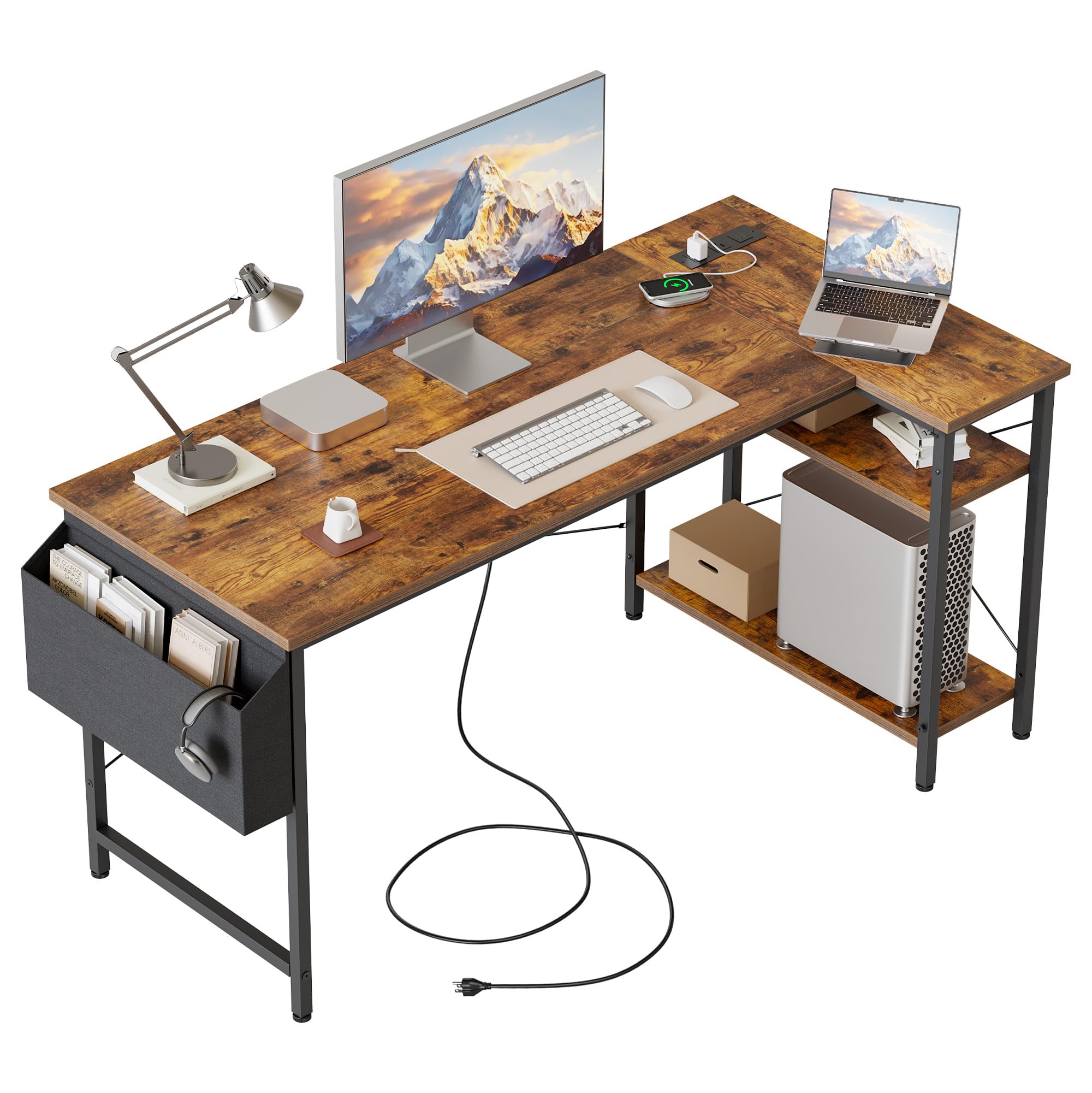 Mericonia Small L Shaped Desk with Power Outlets,120x70 cm L Computer Corner Desks with Reversible Shelves, Gaming Desk, Study Writing Table for Home Office, Brown