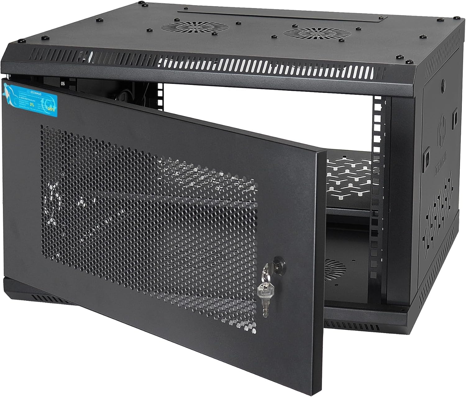 6U Wall Mount Server Cabinet with A Lockable Front Vented Door, Cooling Fans, Removable Side Panels - 45cm Depth, 19" Network Rack Including Full-Size Rack Shelf for IT Equipment