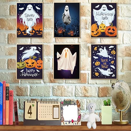 Miniatura 2 de CEKEIOLMLW Póster de fantasma, arte de pared de Halloween, divertido y espeluznante estampado de calabaza iluminada, decoración de pared de