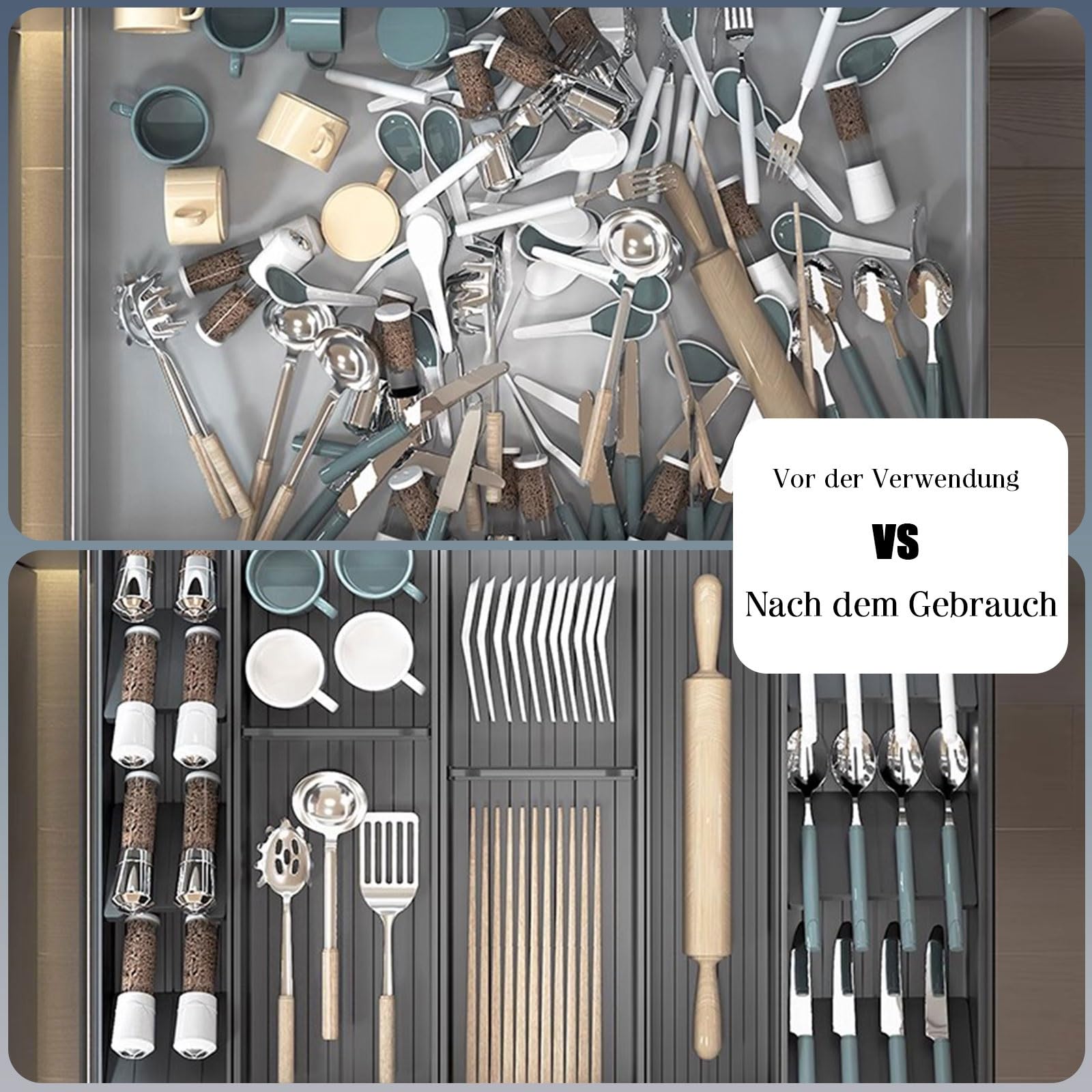 Verstellbarer Besteckkasten für Schubladen – Integrierter Besteckorganizer aus Aluminium, schwarzer, wasserdichter Utensilieneinsatz für die Küche – Fächer zur Aufbewahrung von Löffeln, Gabe