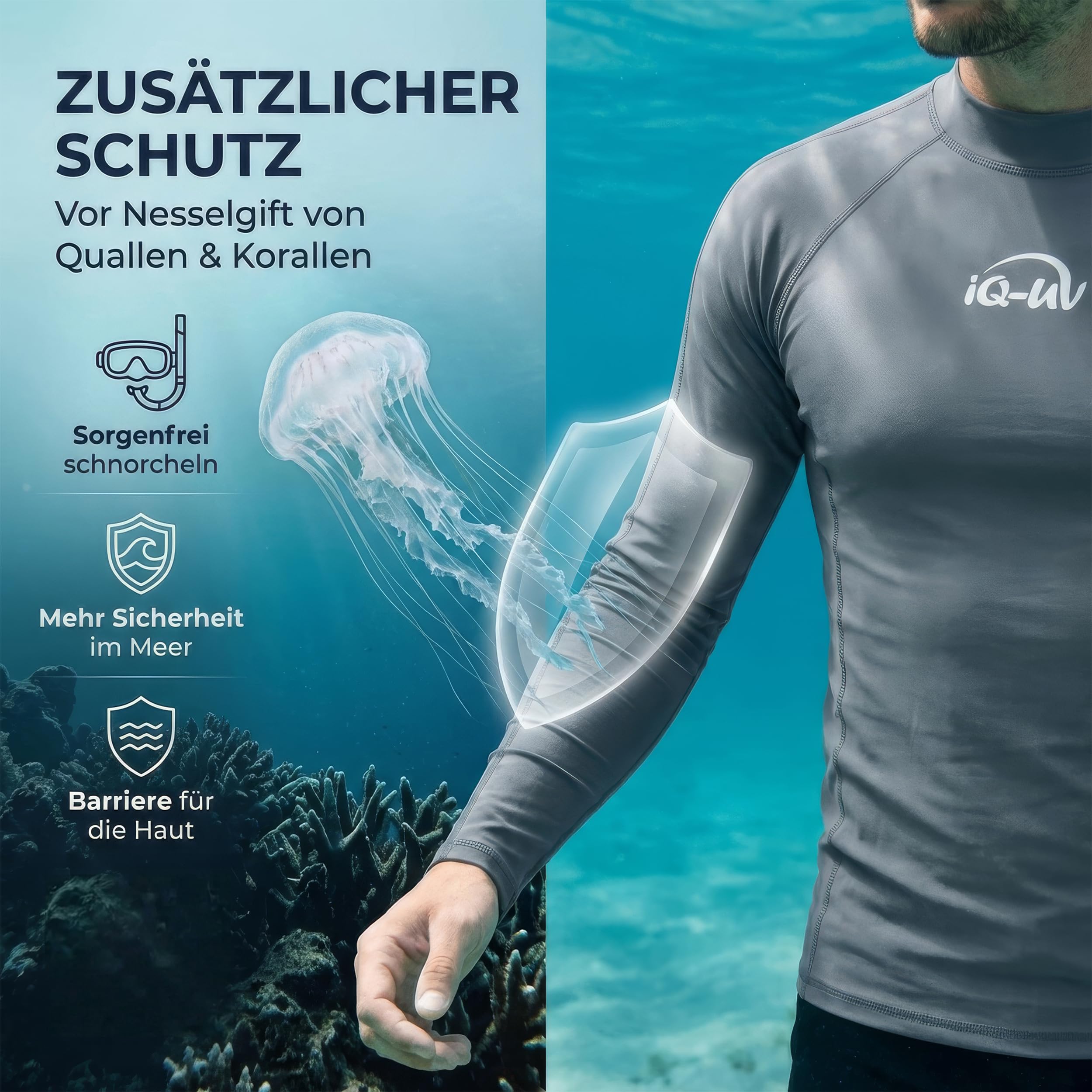iQ-UV Shirt Herren Langarm Slim Fit – Rashguard für Herren mit Sonnenschutz zum Schwimmen, Surfen & Wassersport – Schwimmshirt Männer – Atmungsaktiv und schnelltrocknend