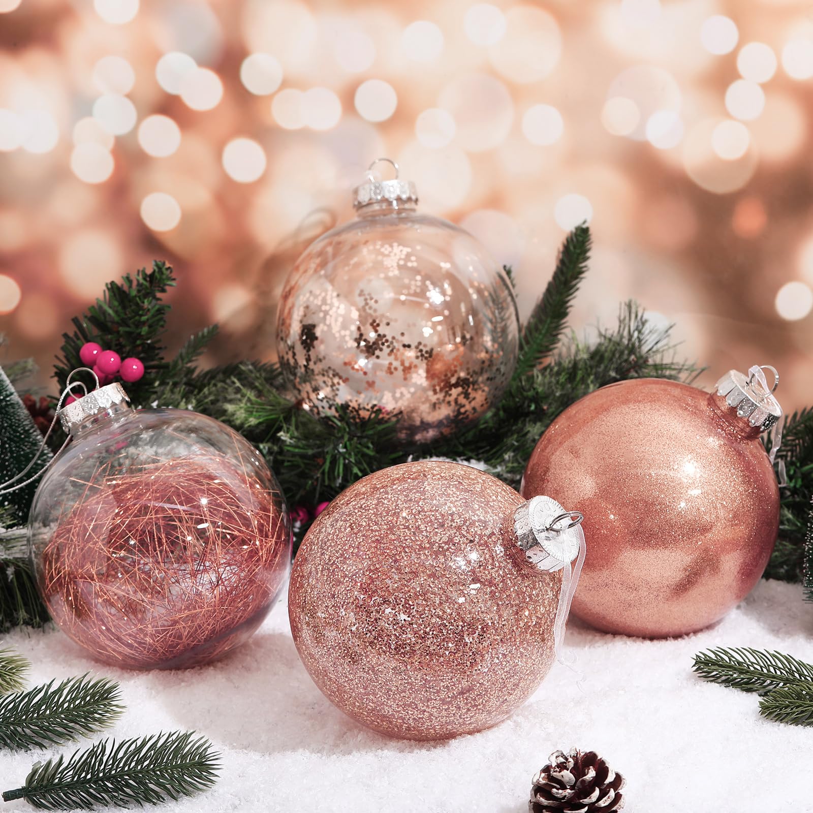 Shappy Lot de 4 grandes boules de Noël en plastique transparent de 15,2 cm avec rembourrage délicat pour décoration de sapin de Noël (or rose)