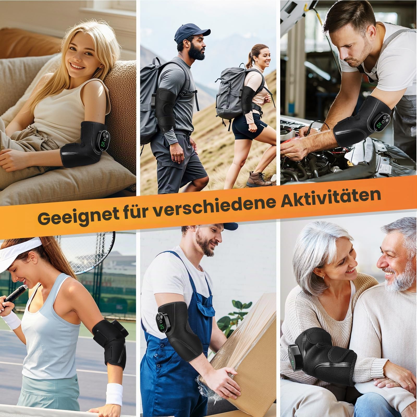 Kabelloses Ellenbogen-Heizkissen Mit Vibrationsmassage, Beheizte Ellenbogenbandage Mit Touchscreen-Steuerung, 5 Wärmestufen, 3 Vibrationsmodi, 3 Timer-Einstellungen, Integrierter 3000mAh-Akku