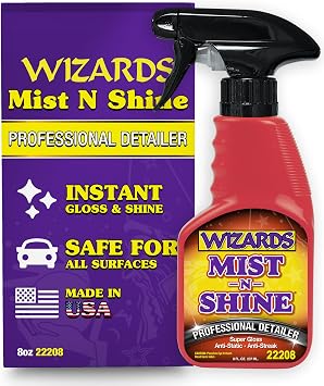 Wizards Mist-N-Shine Professional Car Detailing Spray - Quick Detailer Spray for Cars, Show-Car Gloss, Streak-Free Finish on Paint, Chrome, Glass and Plastic Trim, Wax-Free Formula - 8 oz