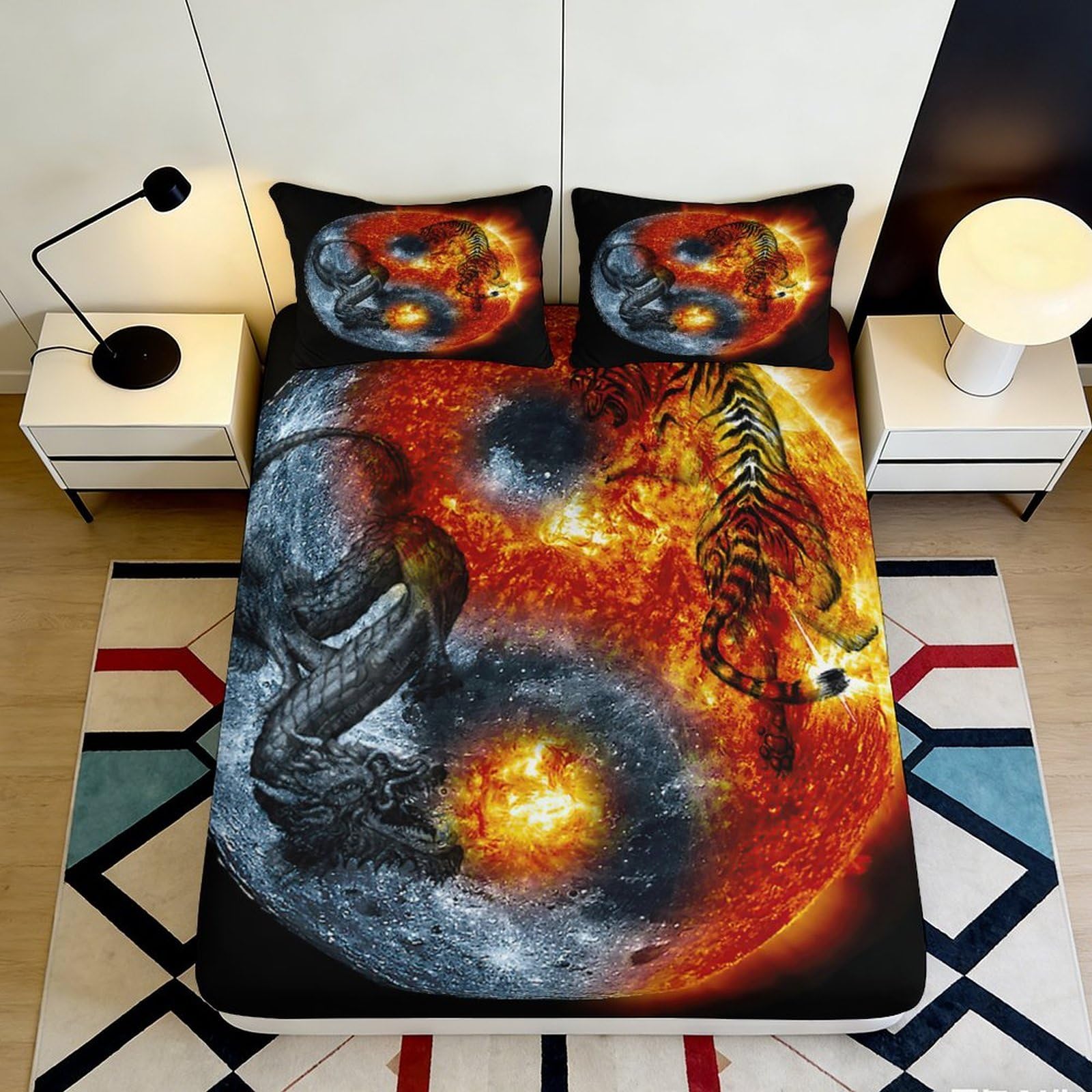 3D Printed Fiery Solar Explosion Fitted Sheet Microfiber Soft Astronaut Bed Cover for Bedroom Dorm Decor Protection 90x200x25cm